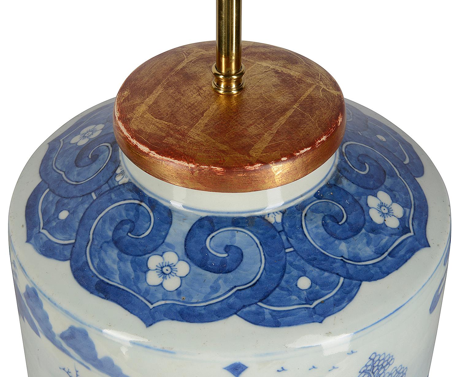 Hand-Painted Chinese Blue and White Circular Jar / Lamp, Late 19th Century