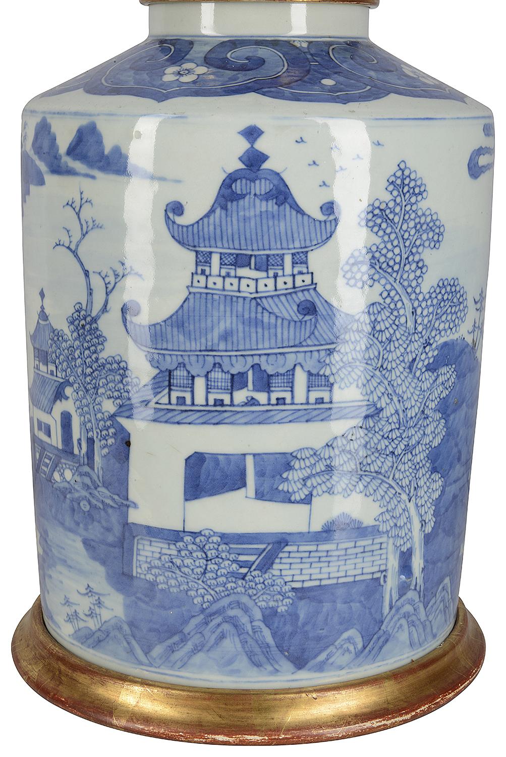 Chinese Blue and White Circular Jar / Lamp, Late 19th Century In Good Condition In Brighton, Sussex