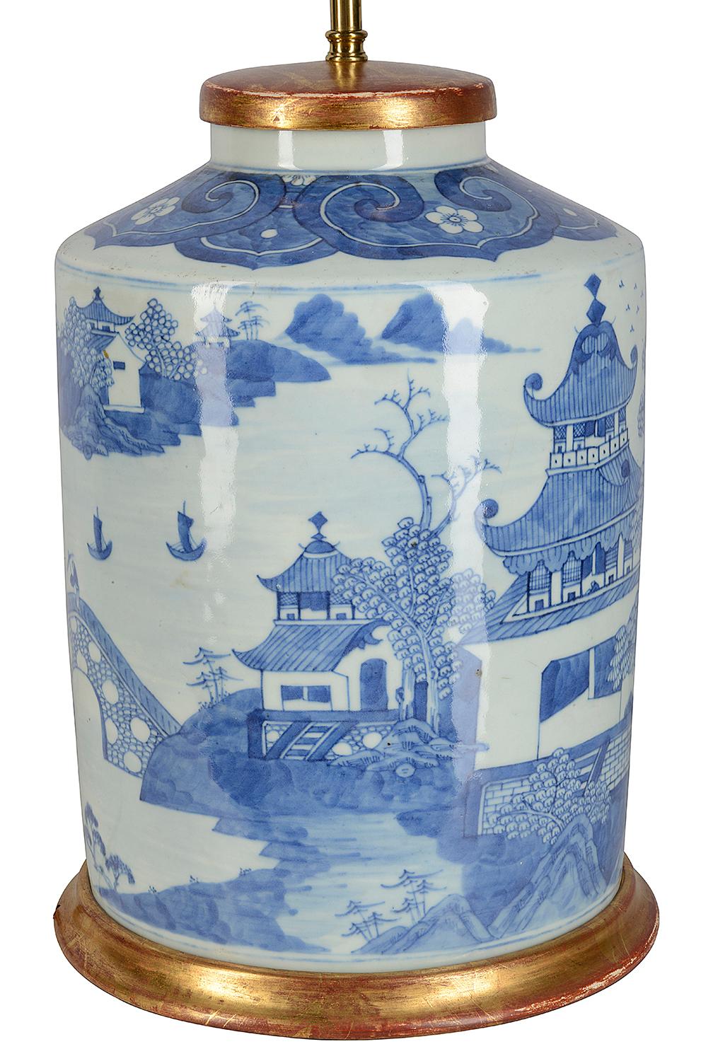 Porcelain Chinese Blue and White Circular Jar / Lamp, Late 19th Century
