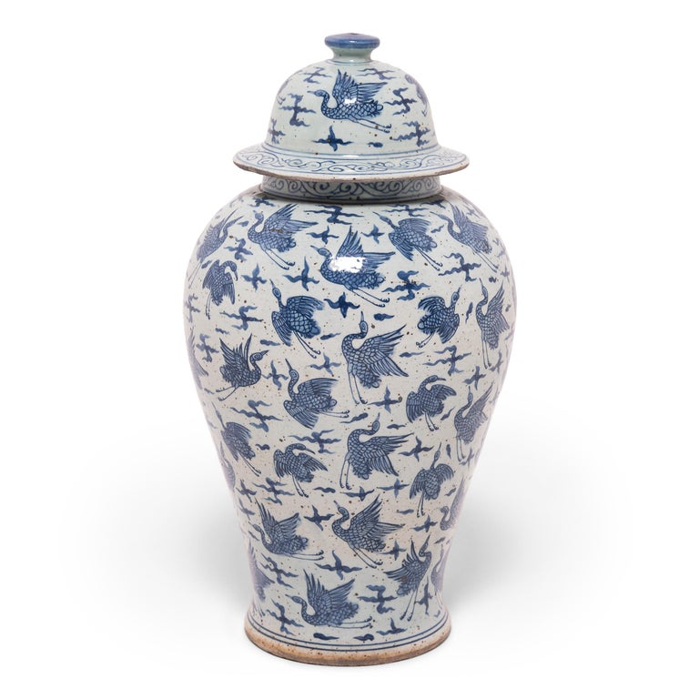 Glazed Chinese Blue and White Crane Ginger Jar