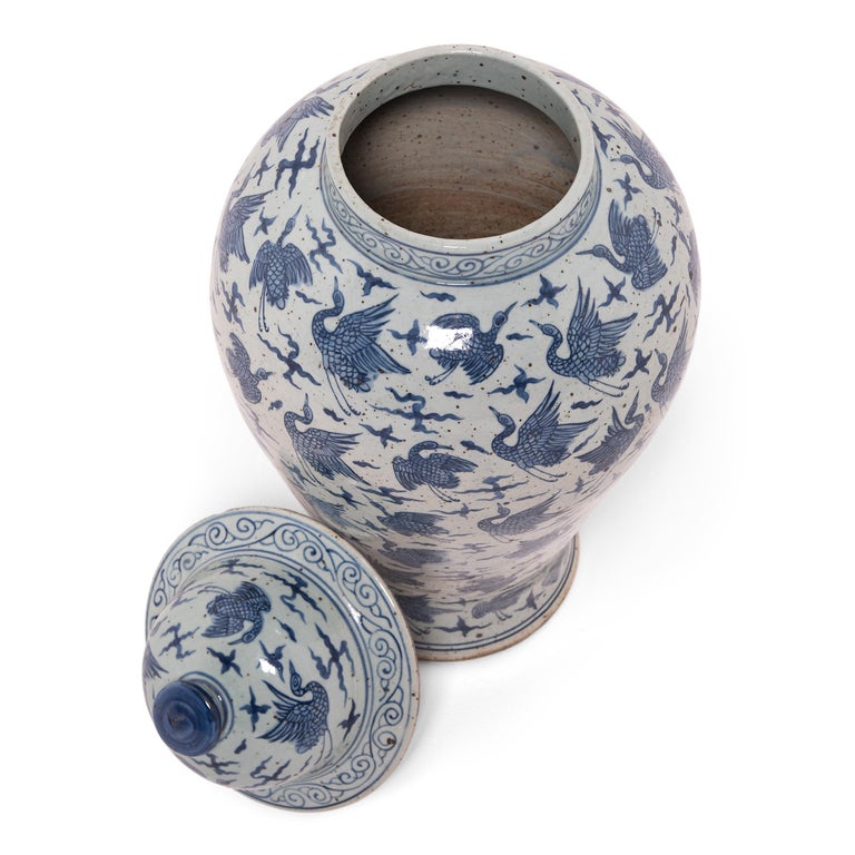 Porcelain Chinese Blue and White Crane Ginger Jar