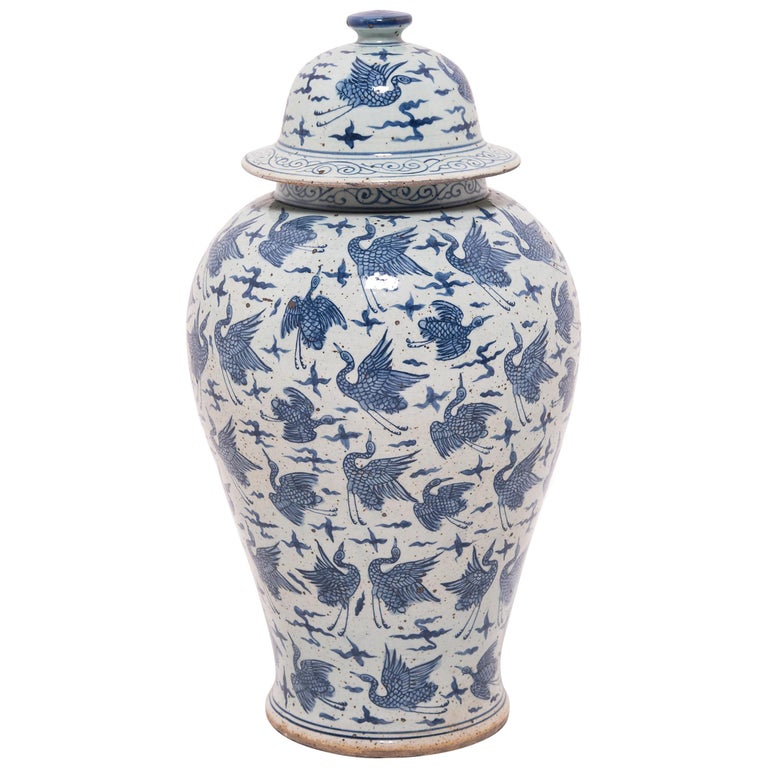 Chinese Blue and White Crane Ginger Jar