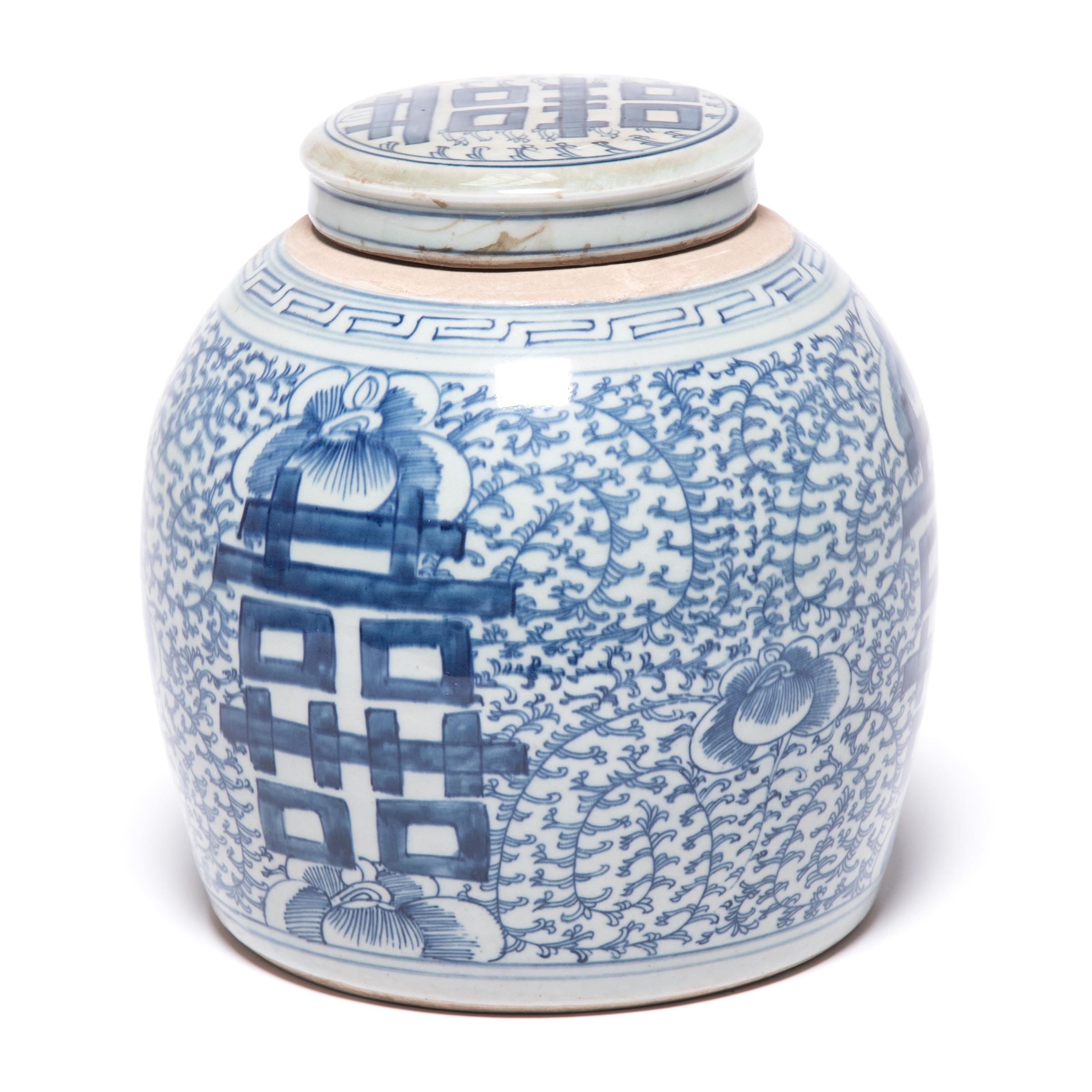 Glazed Chinese Blue and White Double Happiness Covered Jar