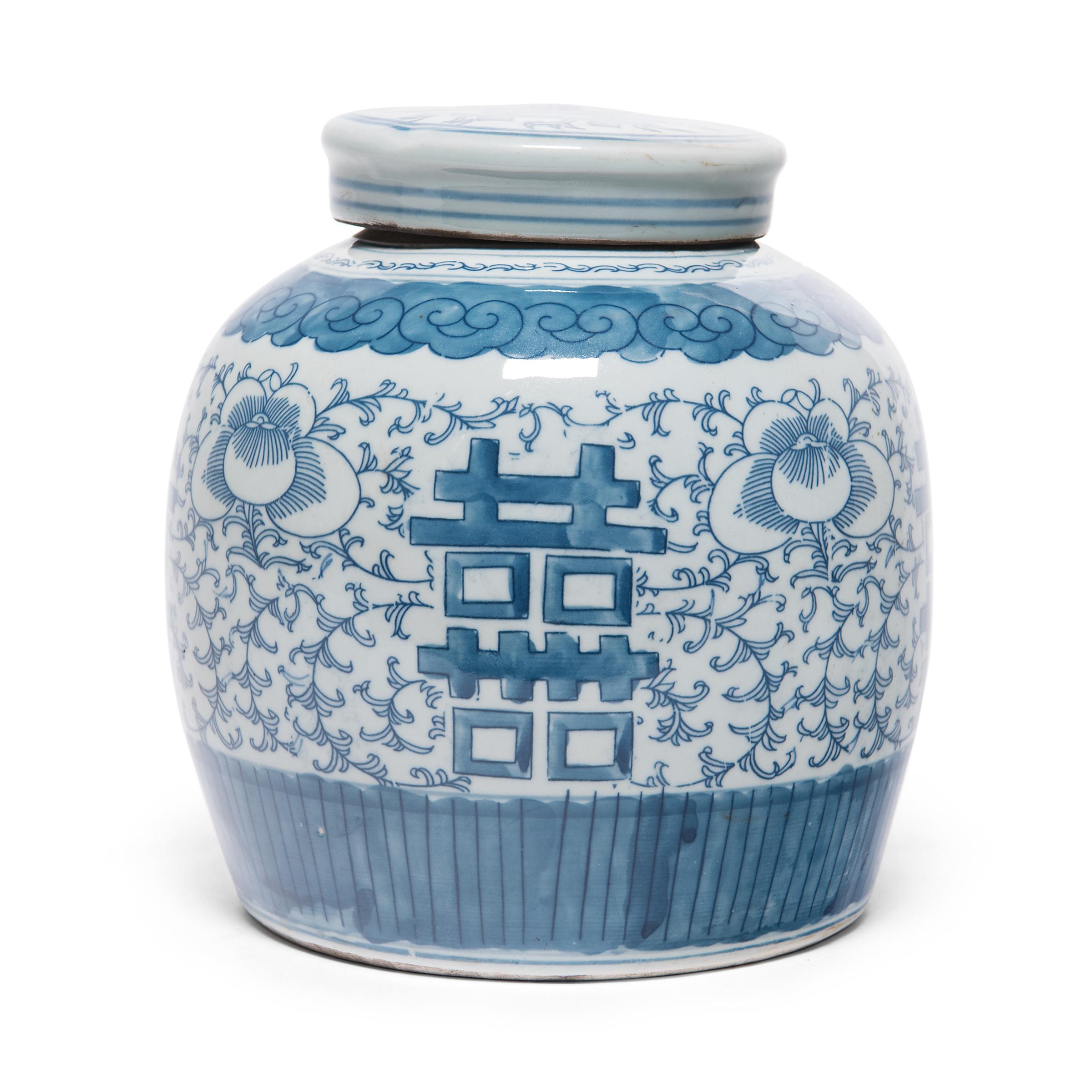 Glazed Chinese Blue and White Double Happiness Jar