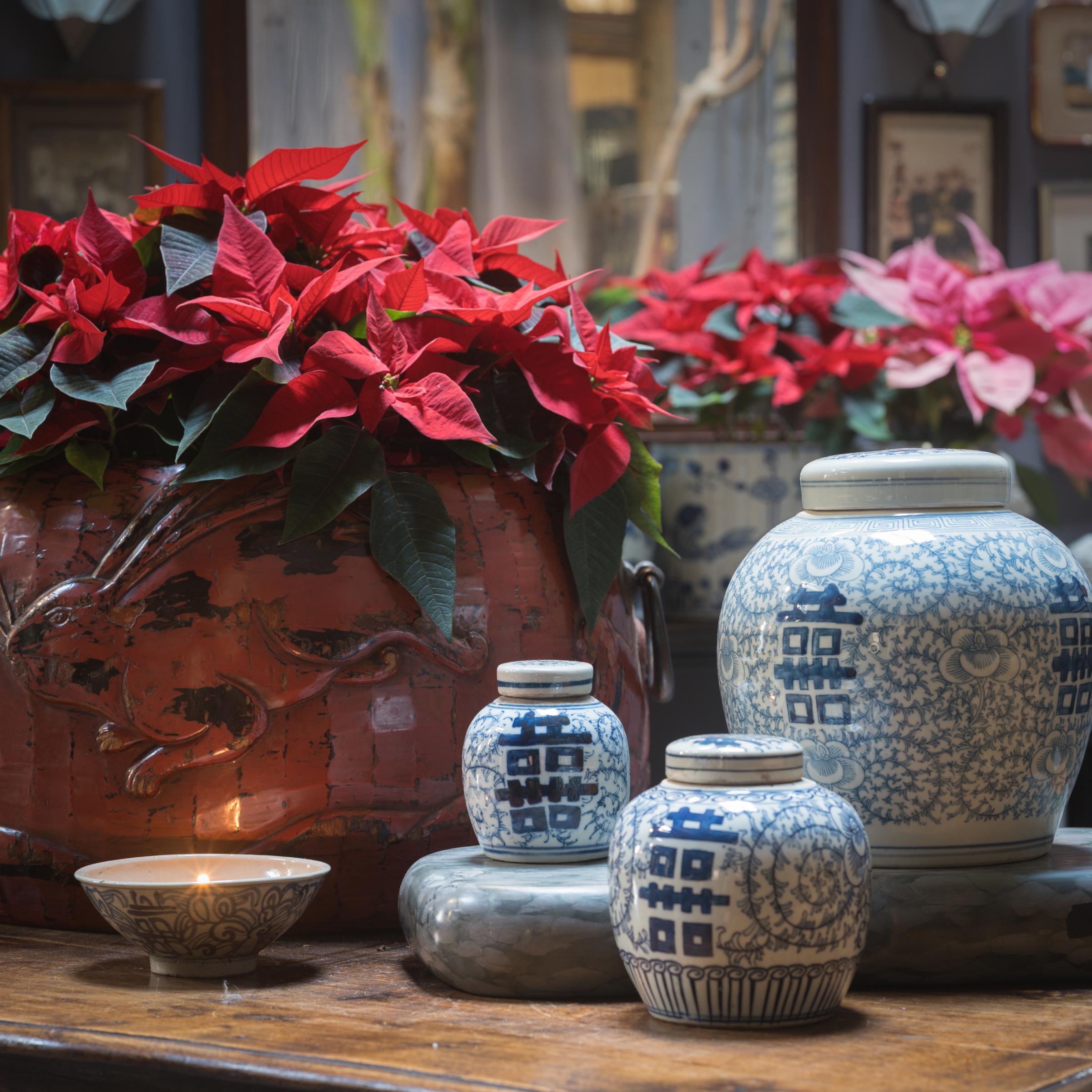 Porcelaine Pot à pointes double bonheur chinois bleu et blanc en vente