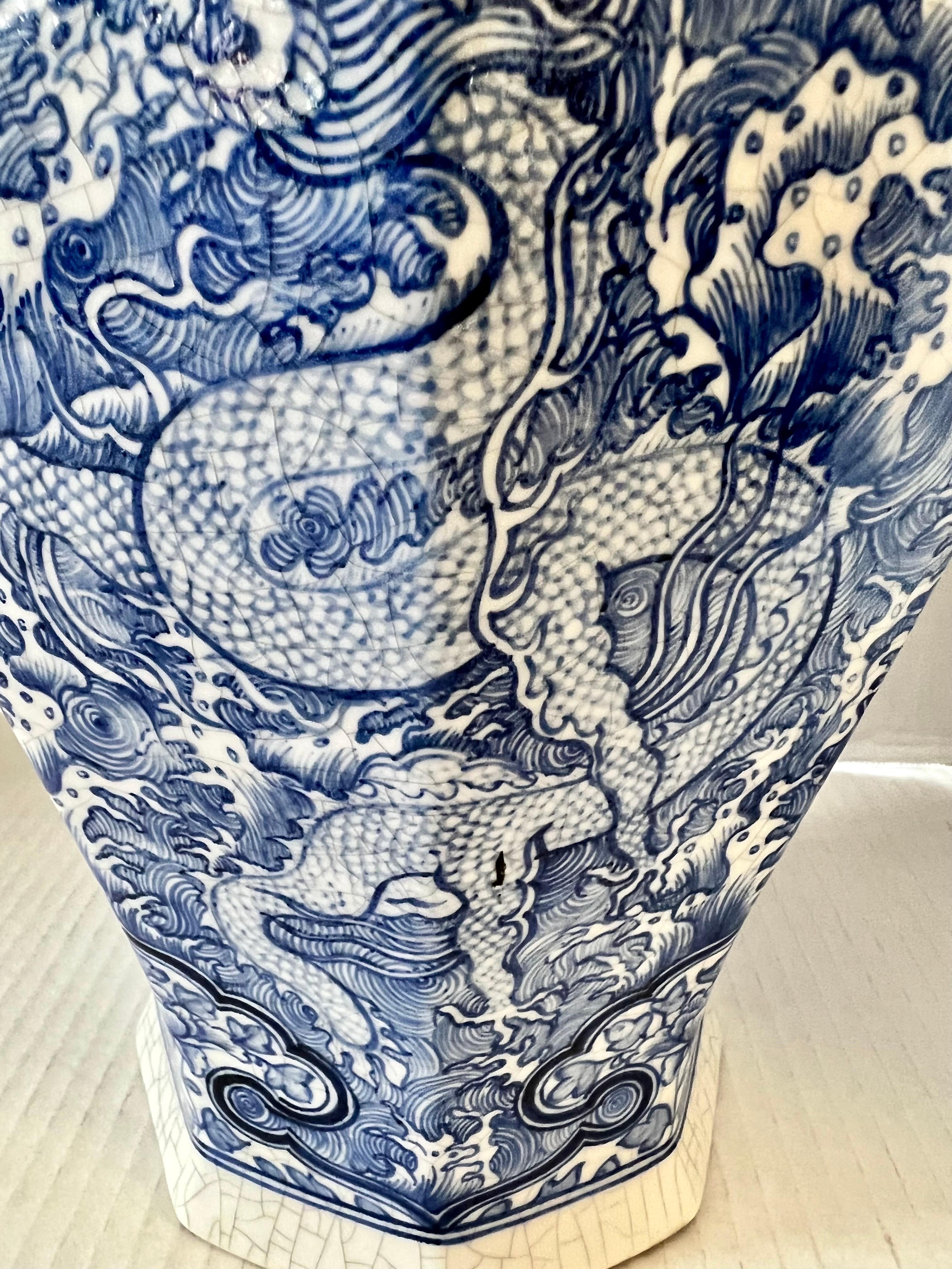 Chinese Export Chinese Blue and White Dragon Covered Ginger Jar Urn Vase with Foo Dog