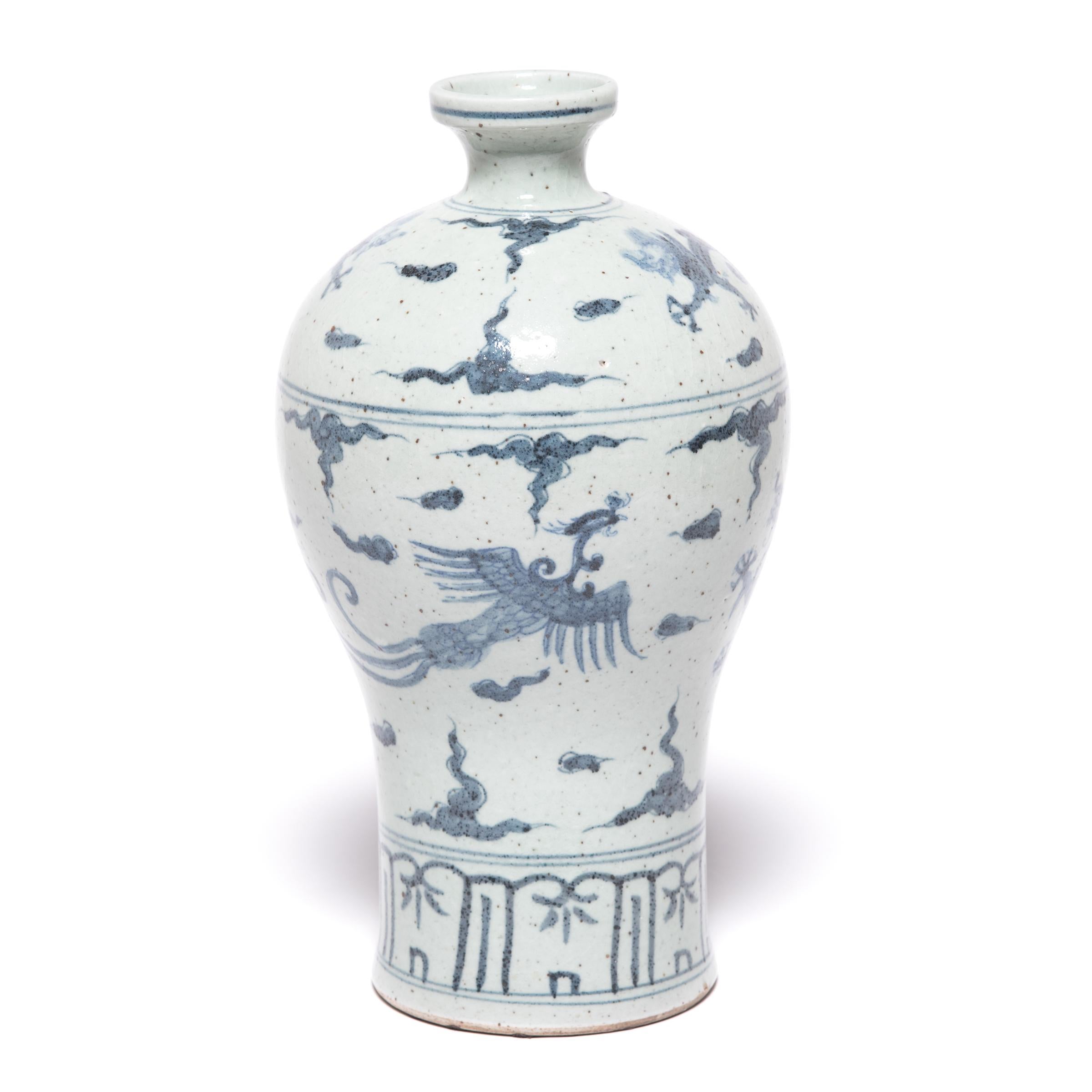 Glazed Chinese Blue and White Dragon Meiping Vase For Sale