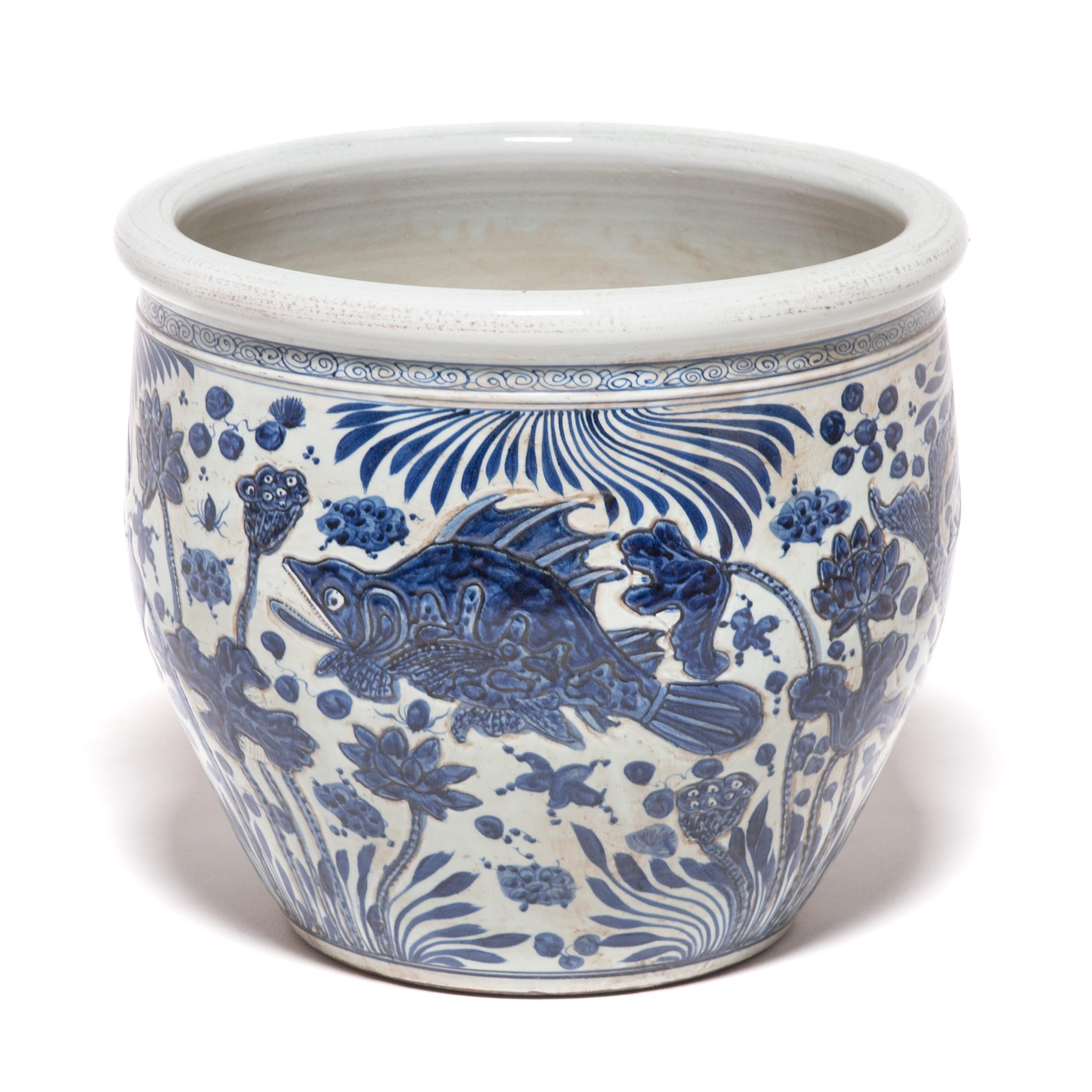 Glazed Chinese Blue and White Fish Bowl