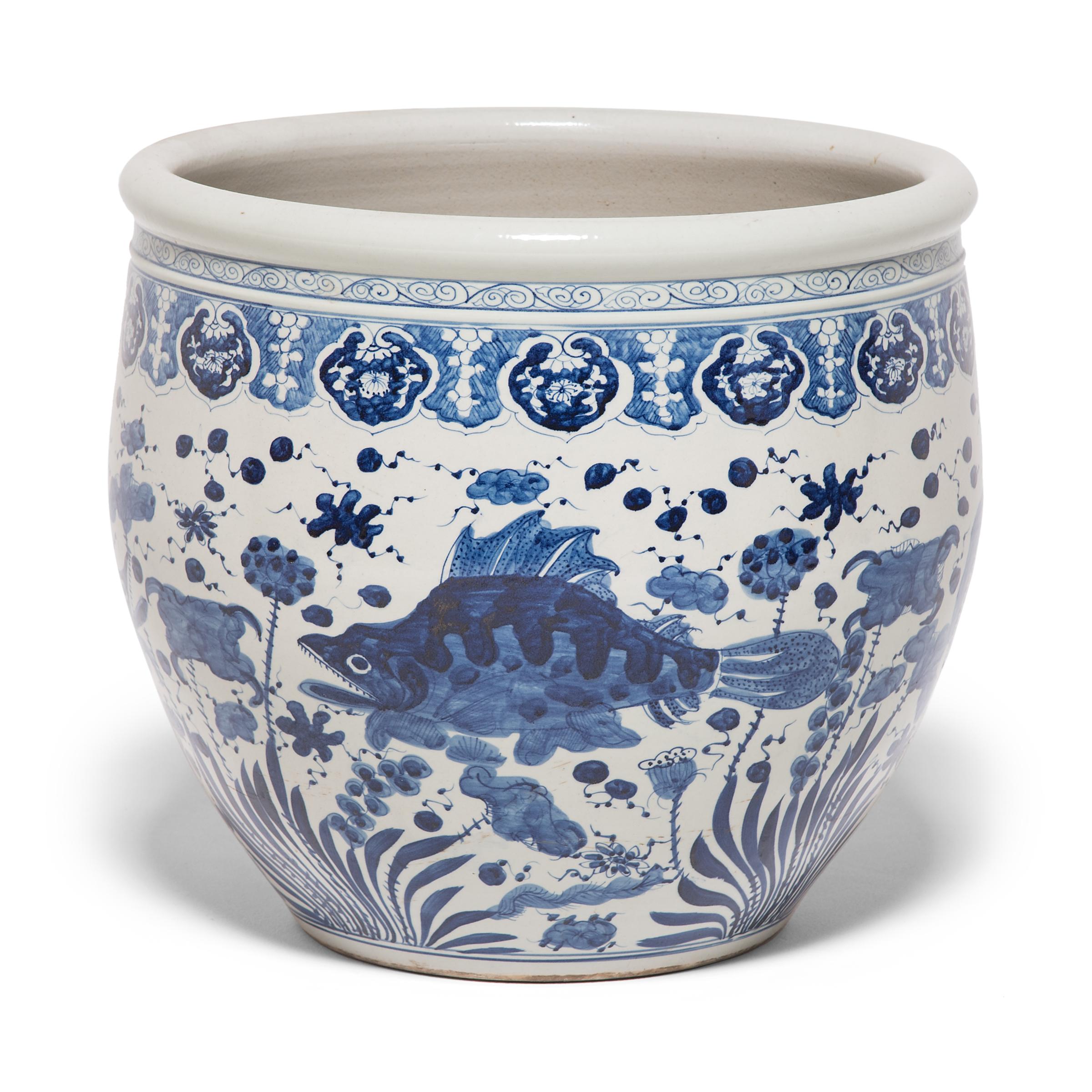 Glazed Chinese Blue and White Fish Bowl