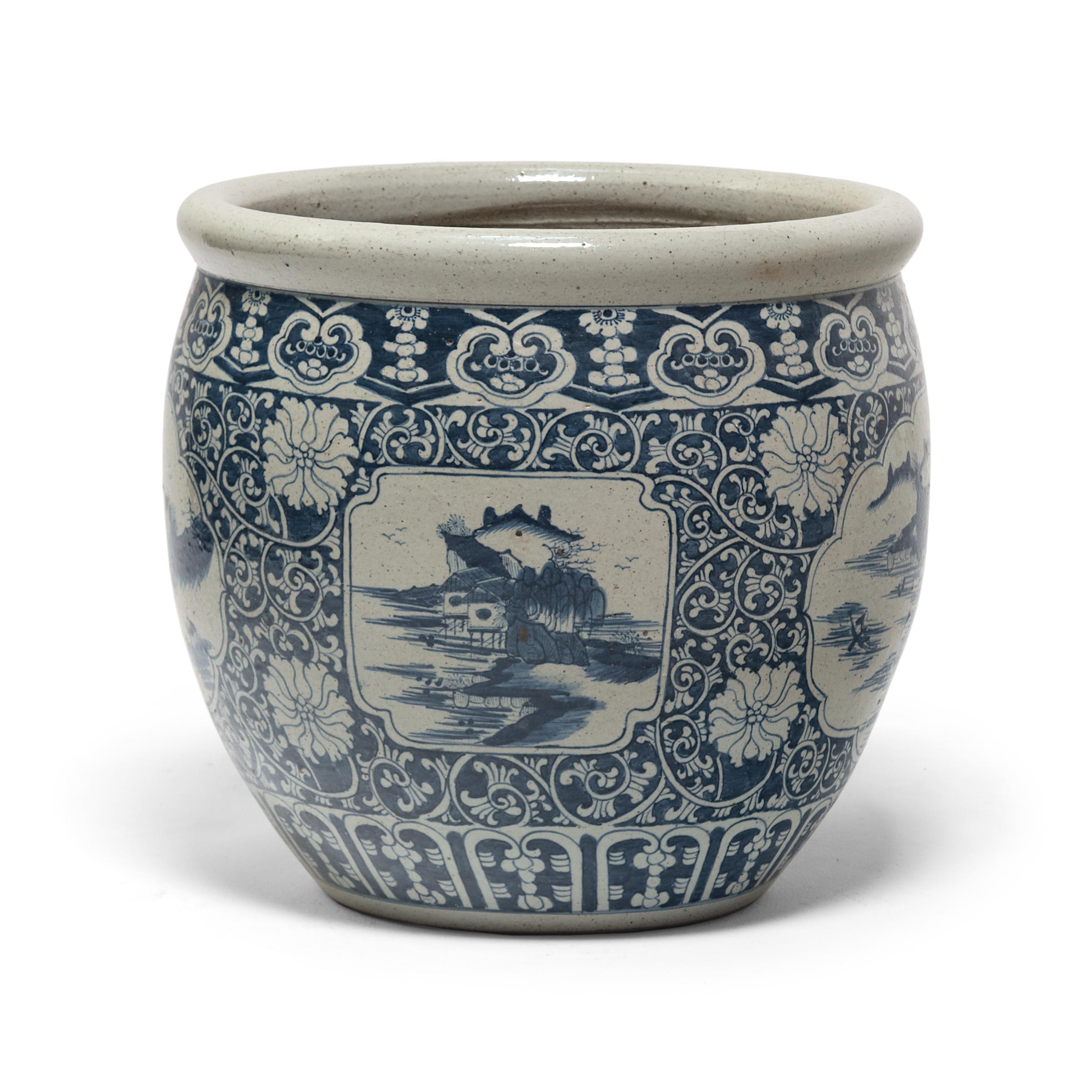 Introduced to Europe in the 14th century, Chinese porcelains were regarded items of luxury—and today blue and whites are among the most sought after by connoisseurs. The paintings on this basin are consistent with the traditional shan shui design: a