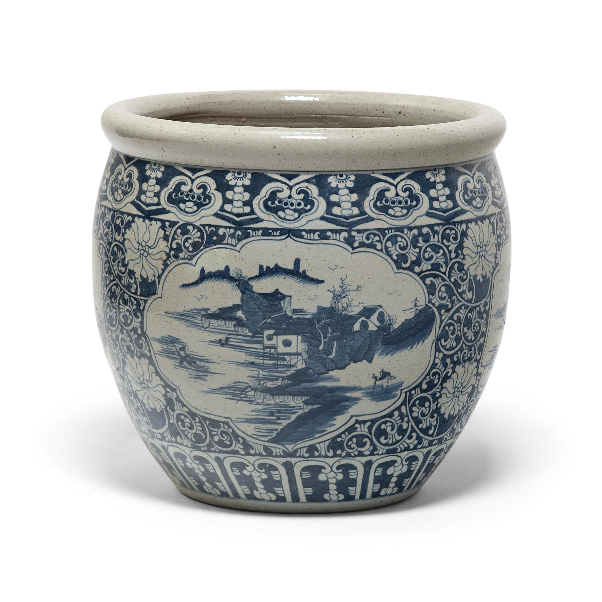 Glazed Chinese Blue and White Fish Bowl with Shan Shui Landscape