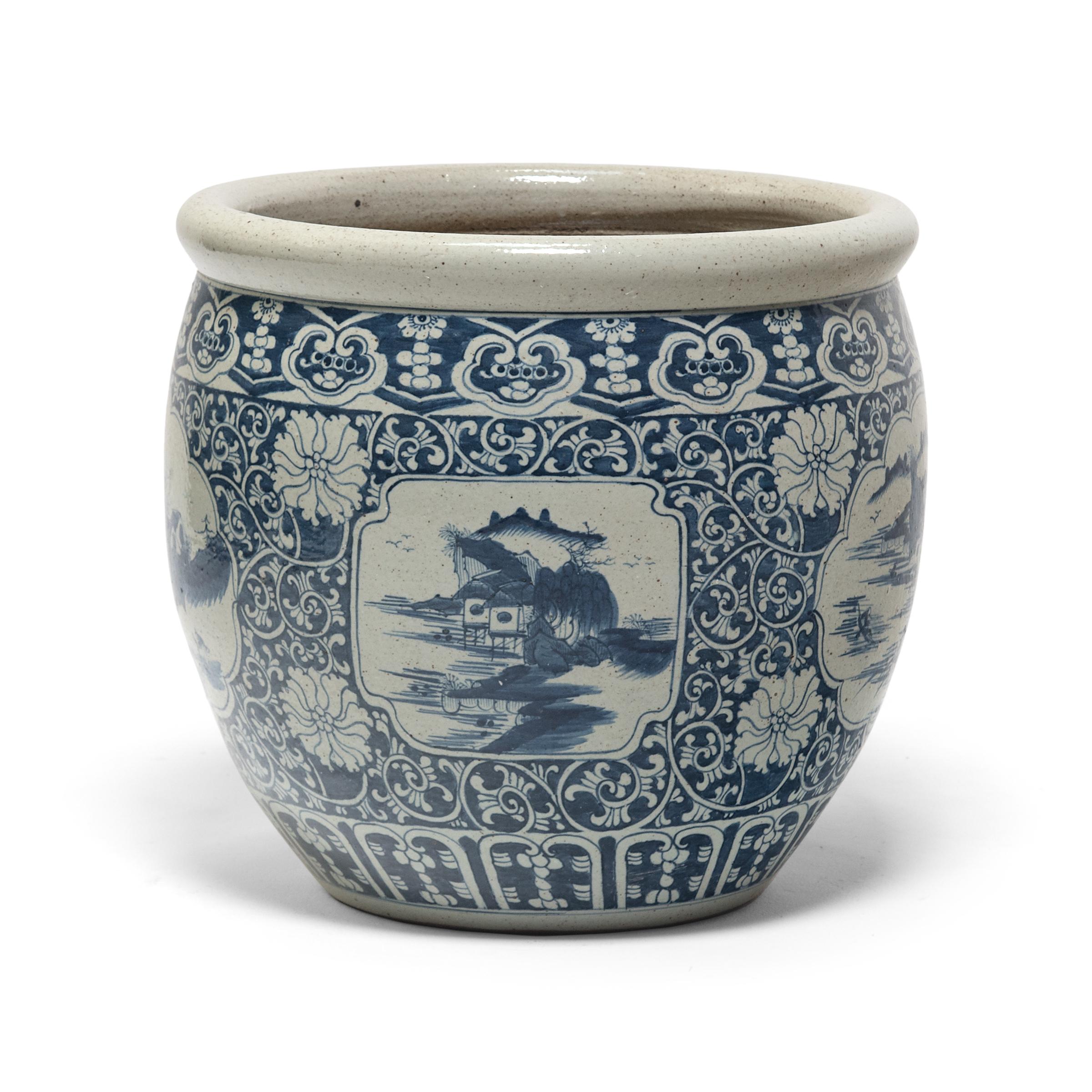 Chinese Blue and White Fish Bowl with Shan Shui Landscape In Good Condition In Chicago, IL