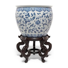 Chinese Blue and White Floral Fish Bowl on Stand