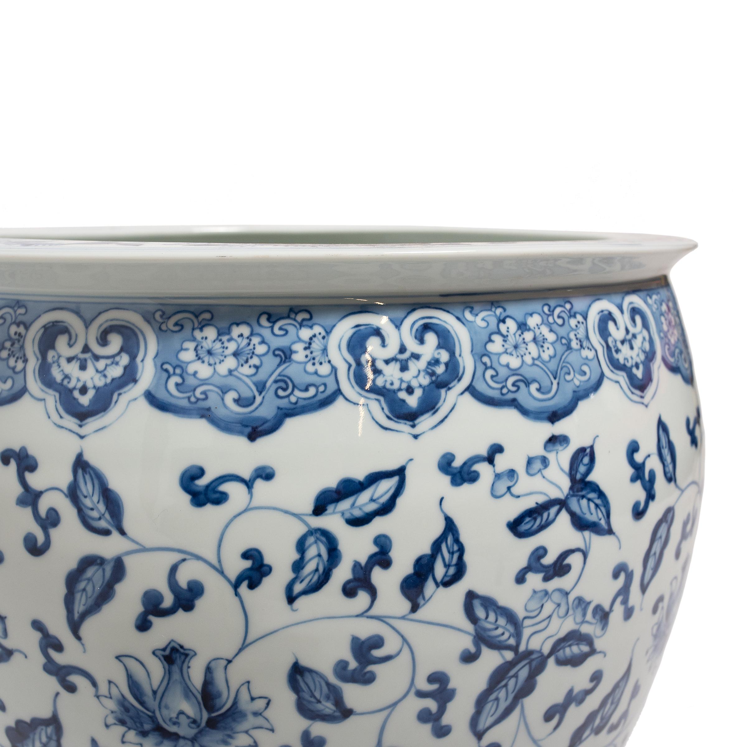 Glazed Chinese Blue and White Floral Fish Bowl on Stand