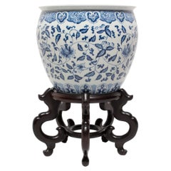 Chinese Blue and White Floral Fish Bowl on Stand