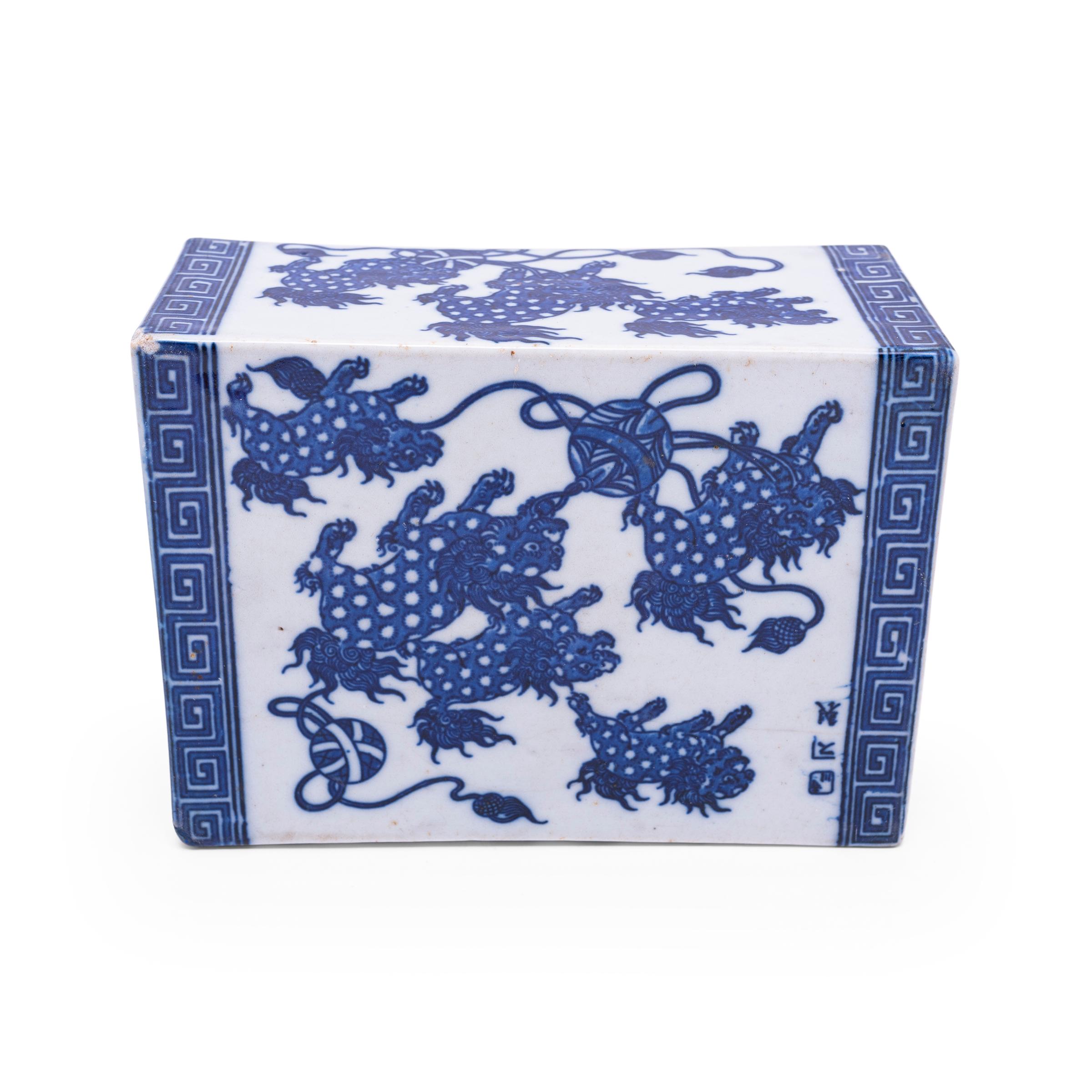 Glazed Chinese Blue and White Fu Lion Headrest, C. 1900