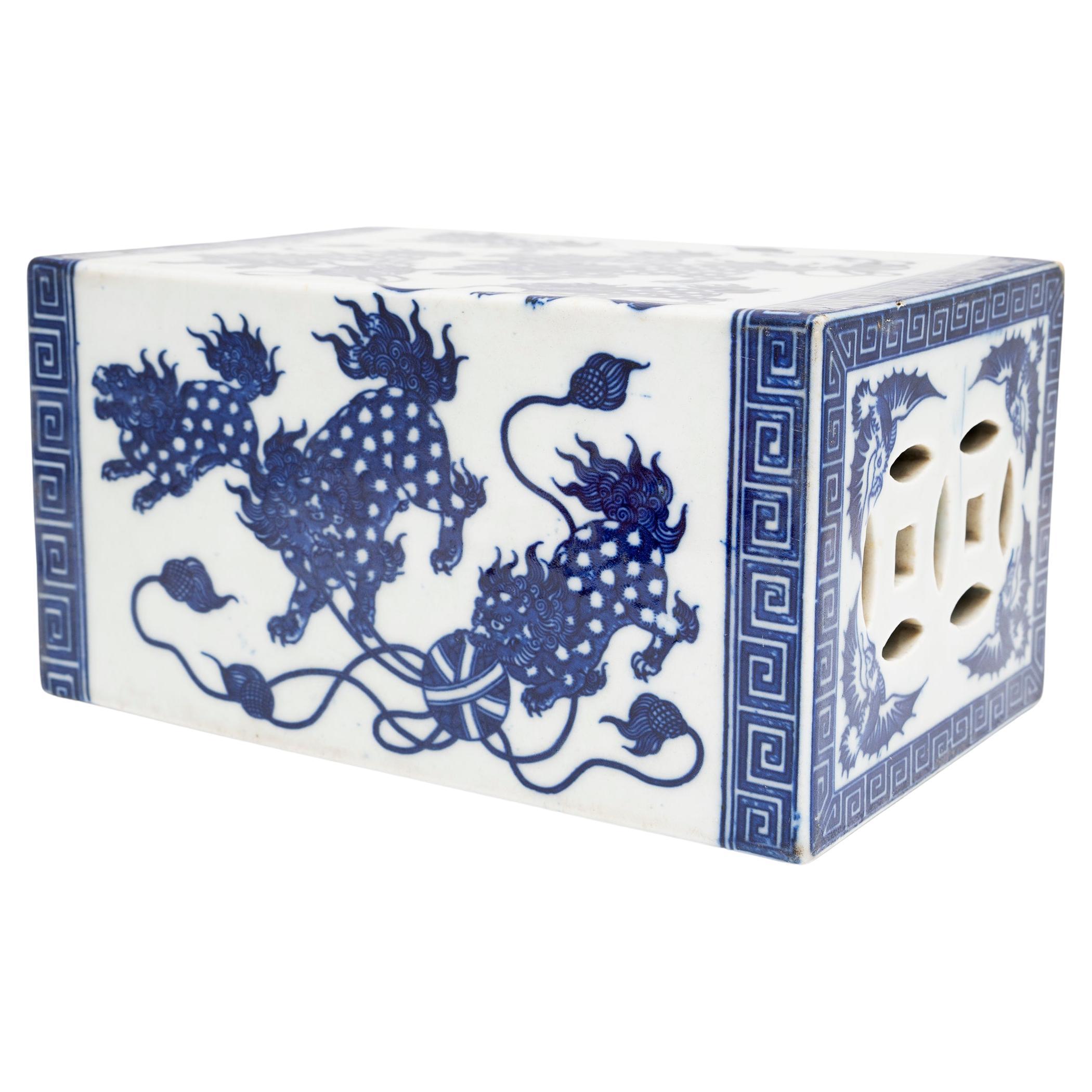 Chinese Blue and White Fu Lion Headrest, c. 1900 For Sale