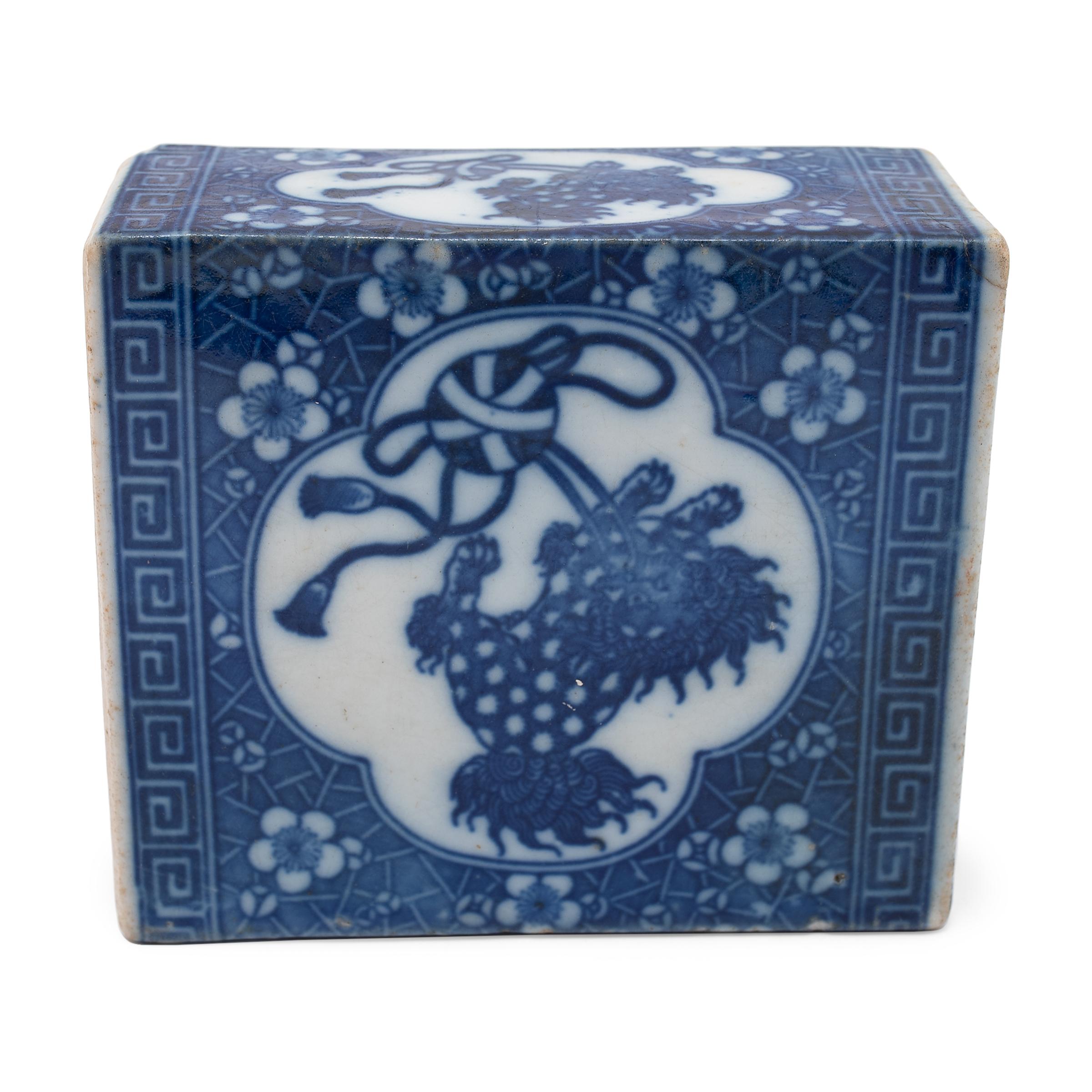 Glazed Chinese Blue and White Fu Lion Headrest
