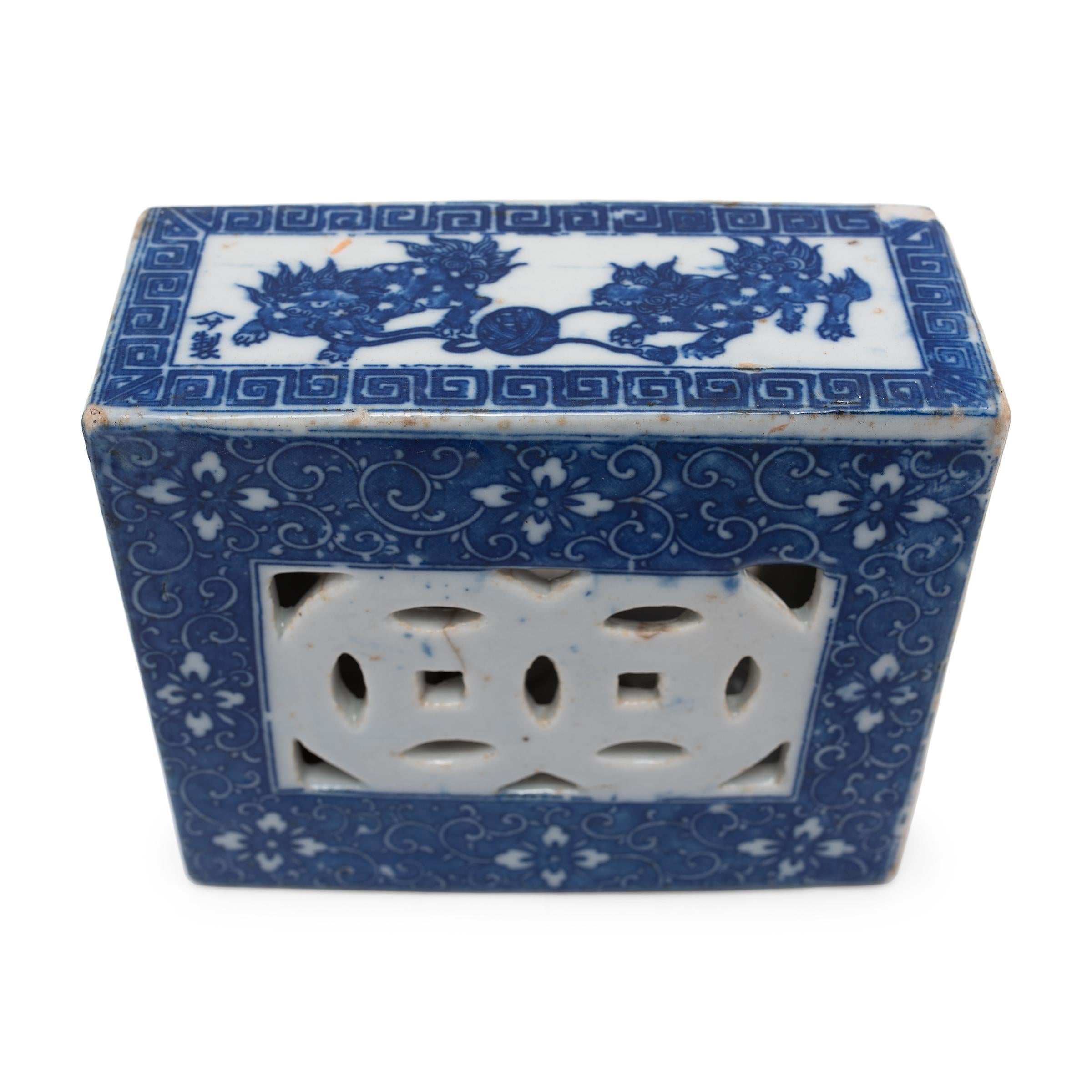20th Century Chinese Blue and White Fu Lion Headrest For Sale
