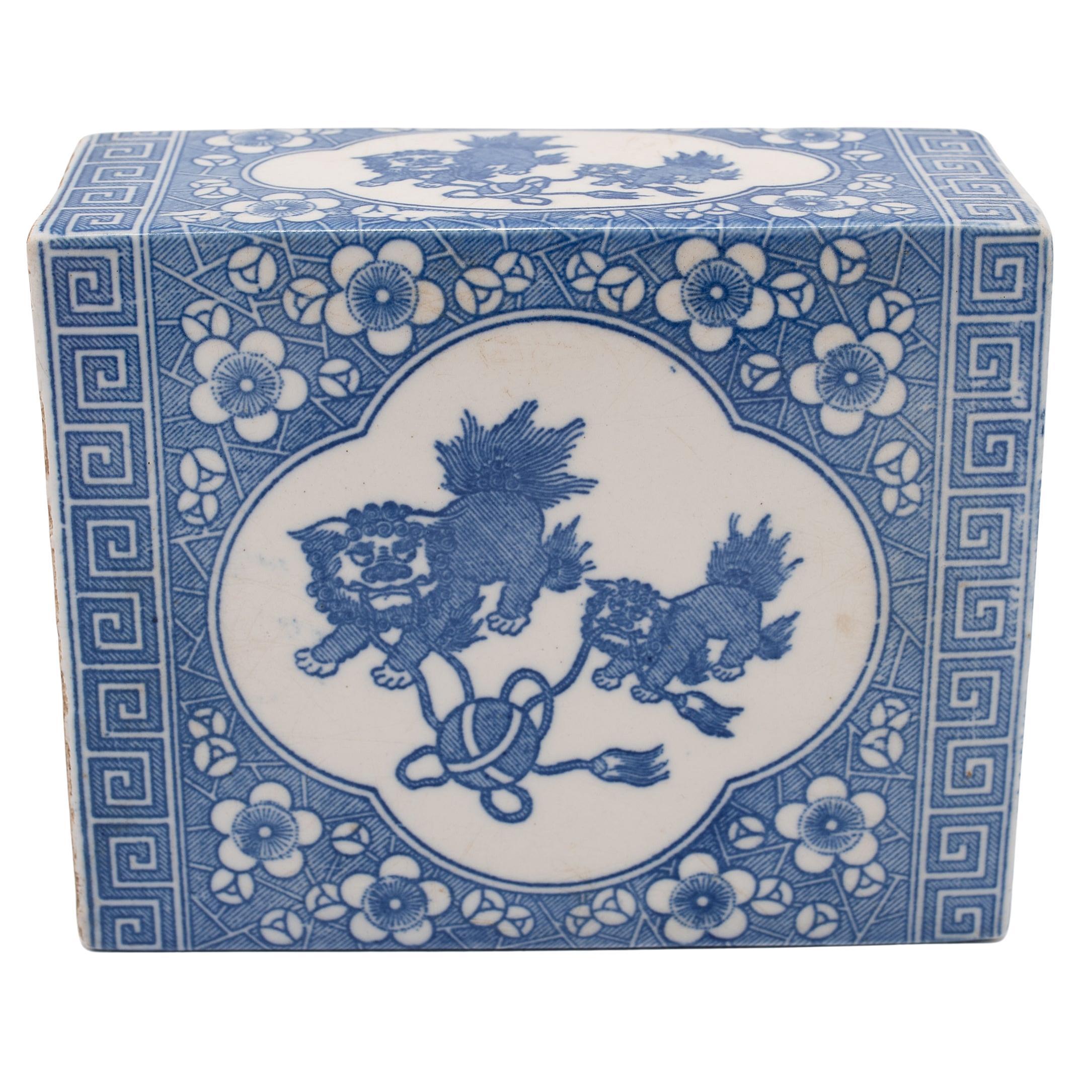 Chinese Blue and White Fu Lion Headrest For Sale