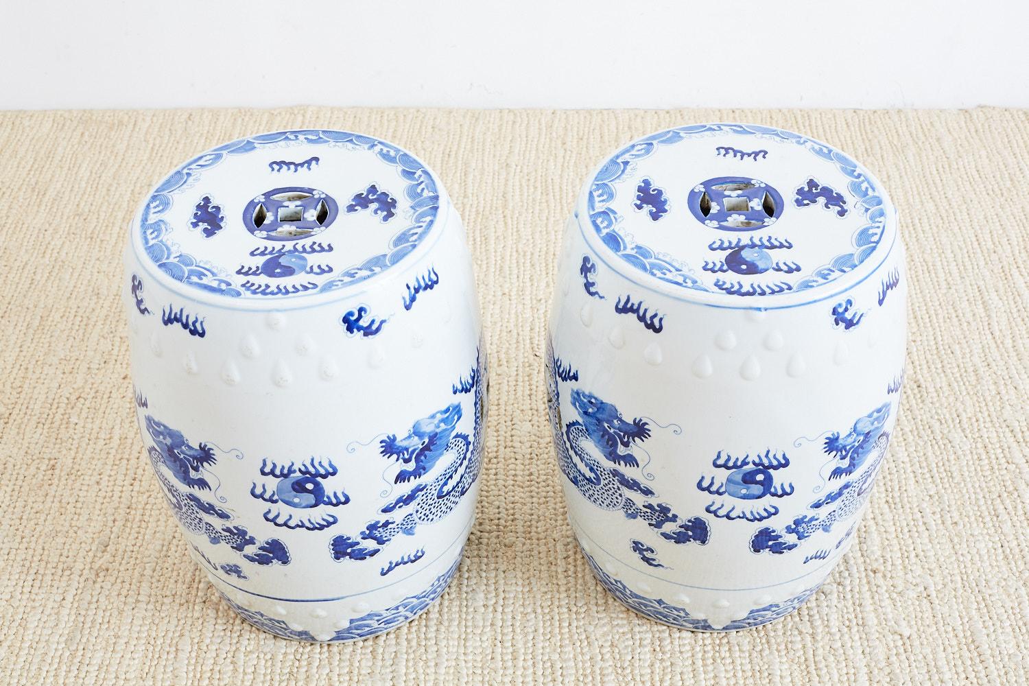 Chinese Blue and White Garden Stool Drink Tables In Excellent Condition In Rio Vista, CA