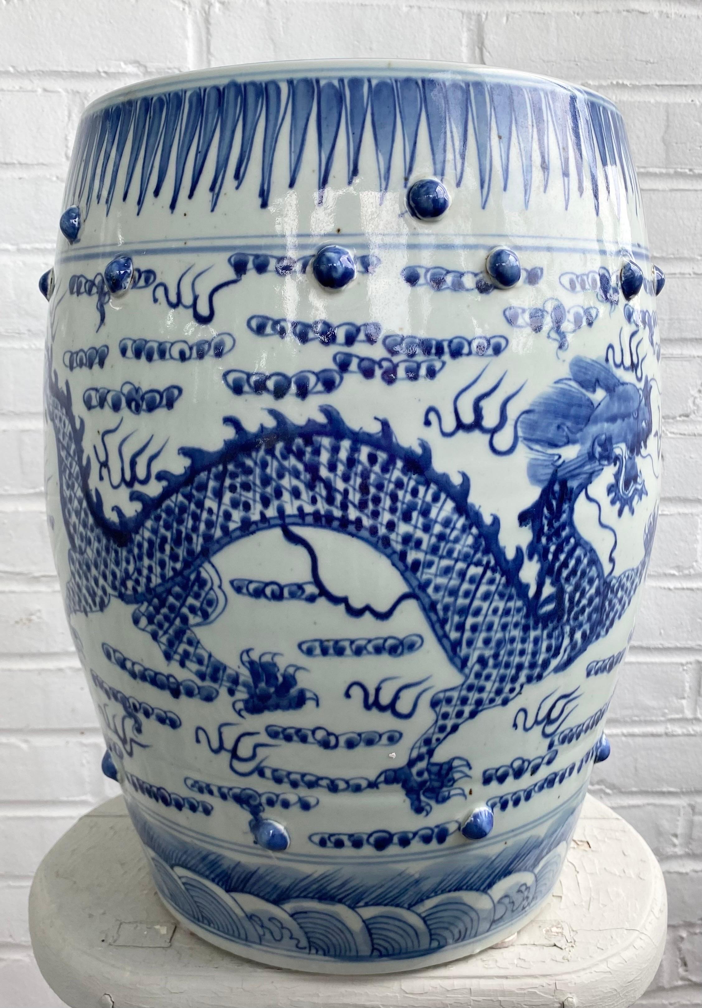 Chinese blue and white garden stool with marvelous dragons.