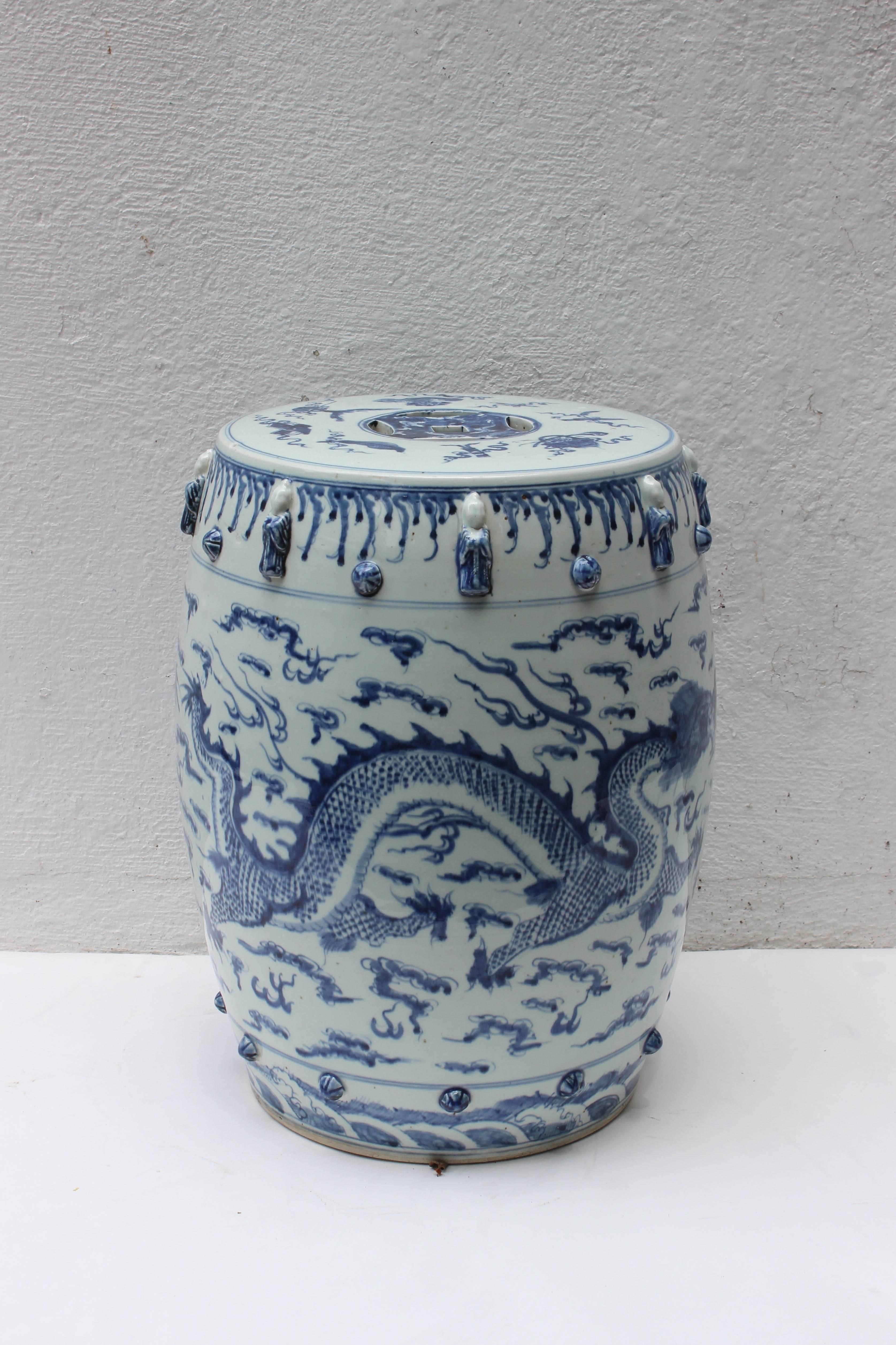 Asian blue and white garden seat.