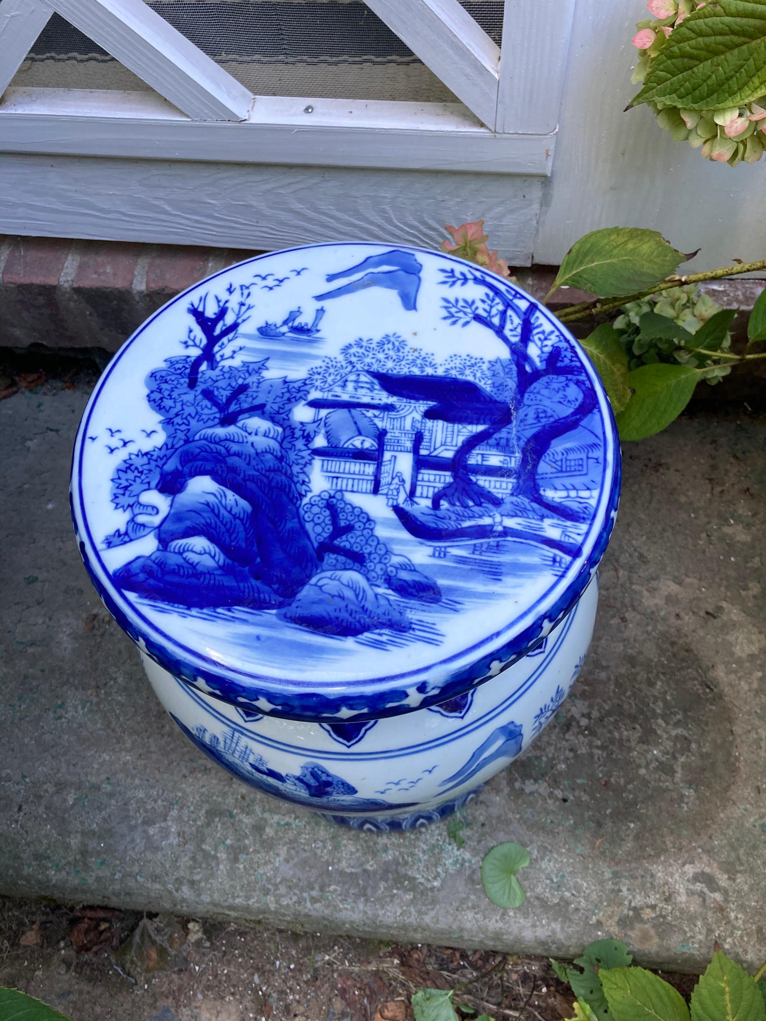 blue white ceramic stool
