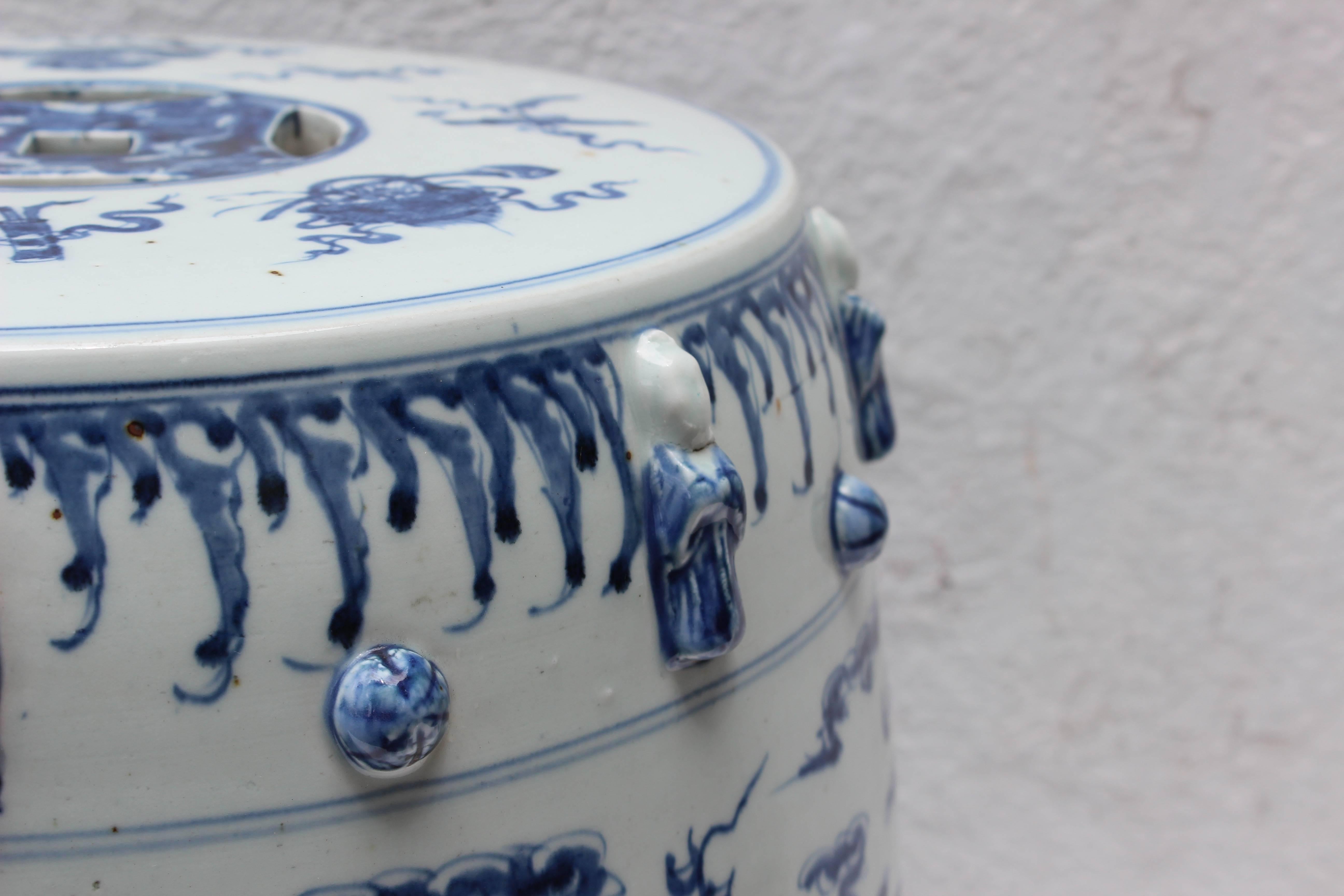 blue and white garden stools