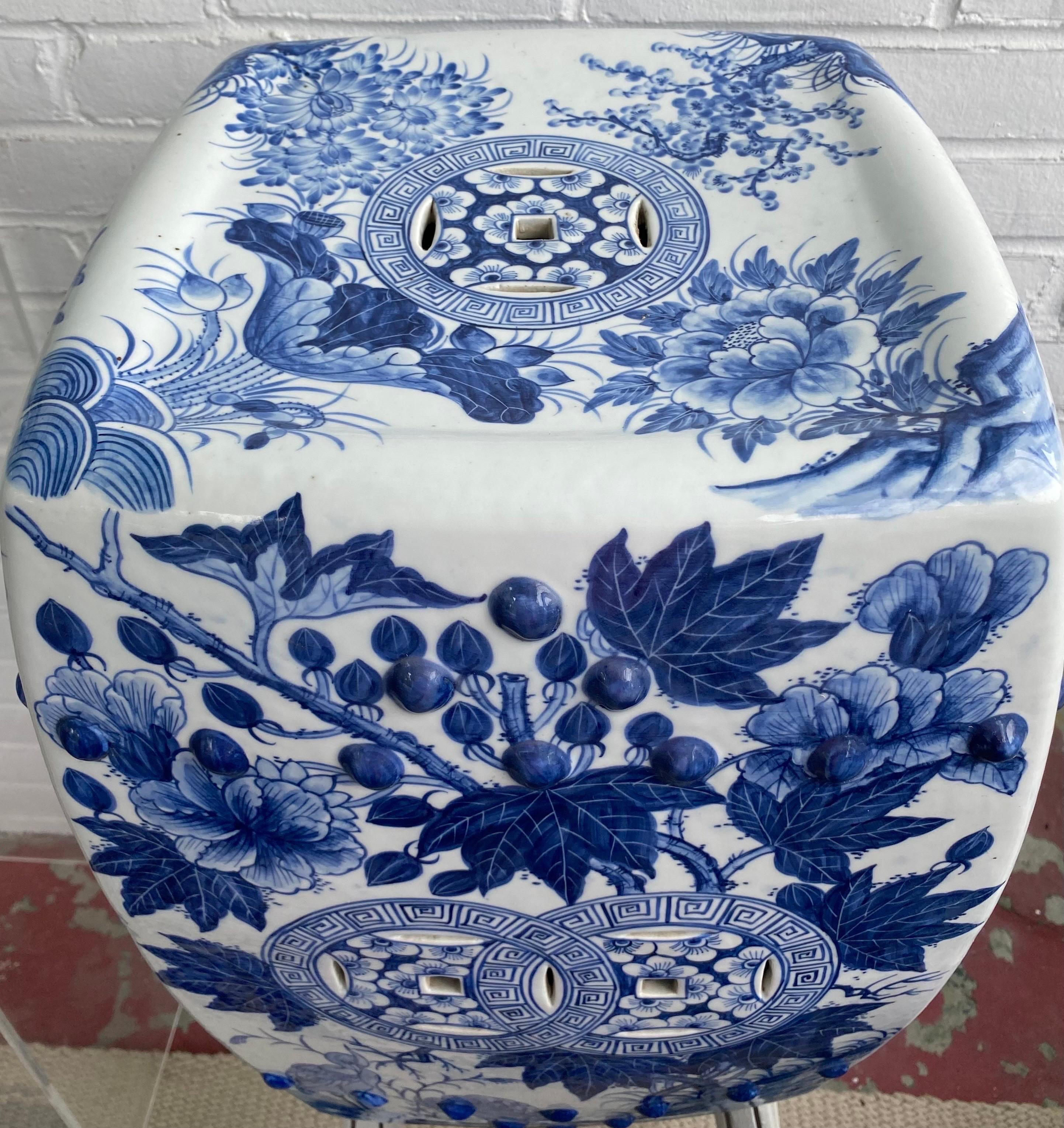 blue and white ceramic stool