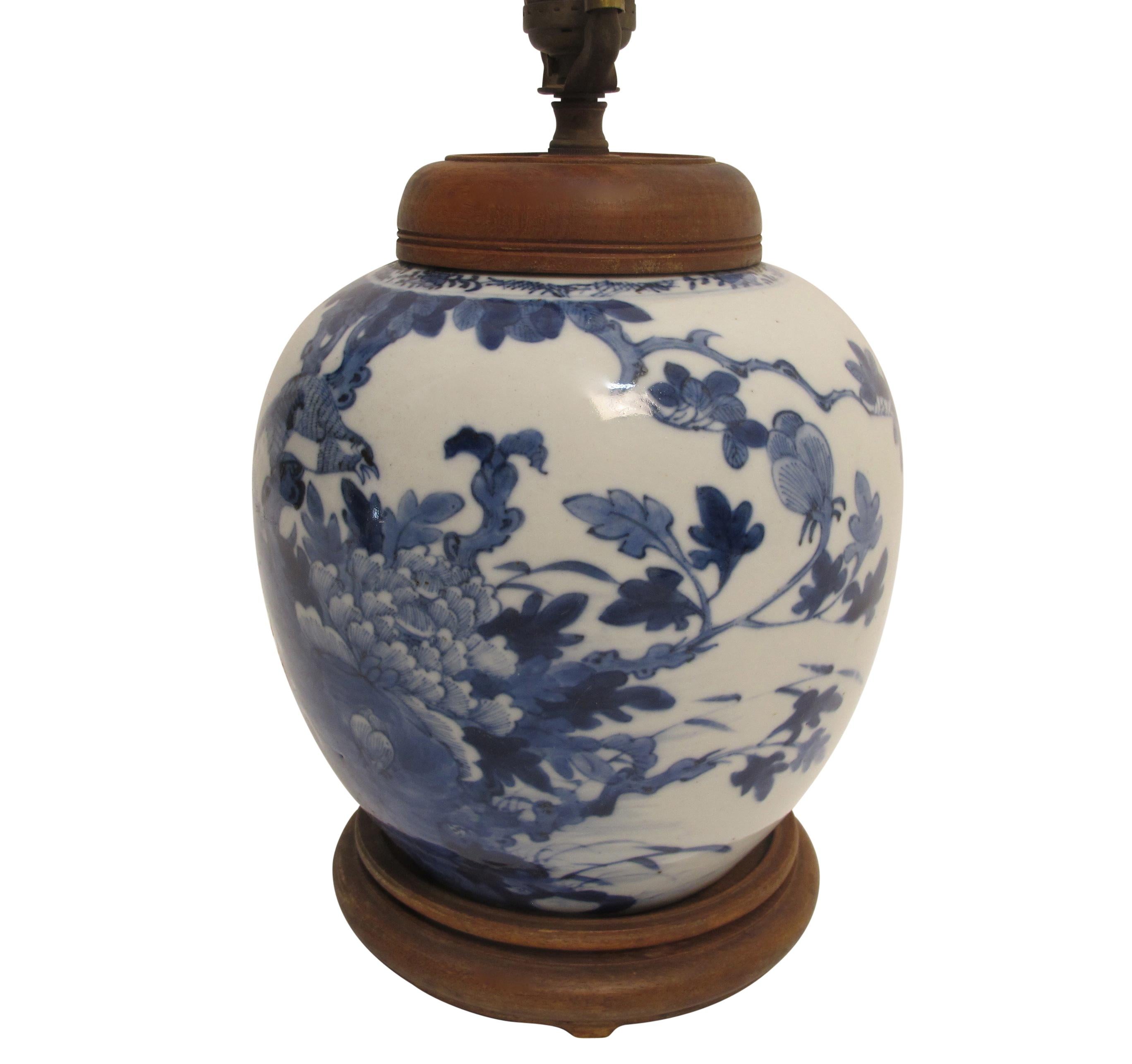 Hand-Painted Chinese Blue and White Ginger Jar Lamp, 19th Century