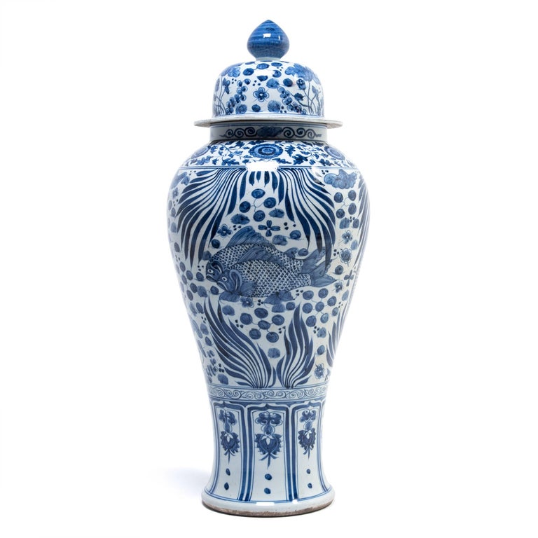 Glazed Chinese Blue and White Ginger Jar with Fish and Fronds For Sale