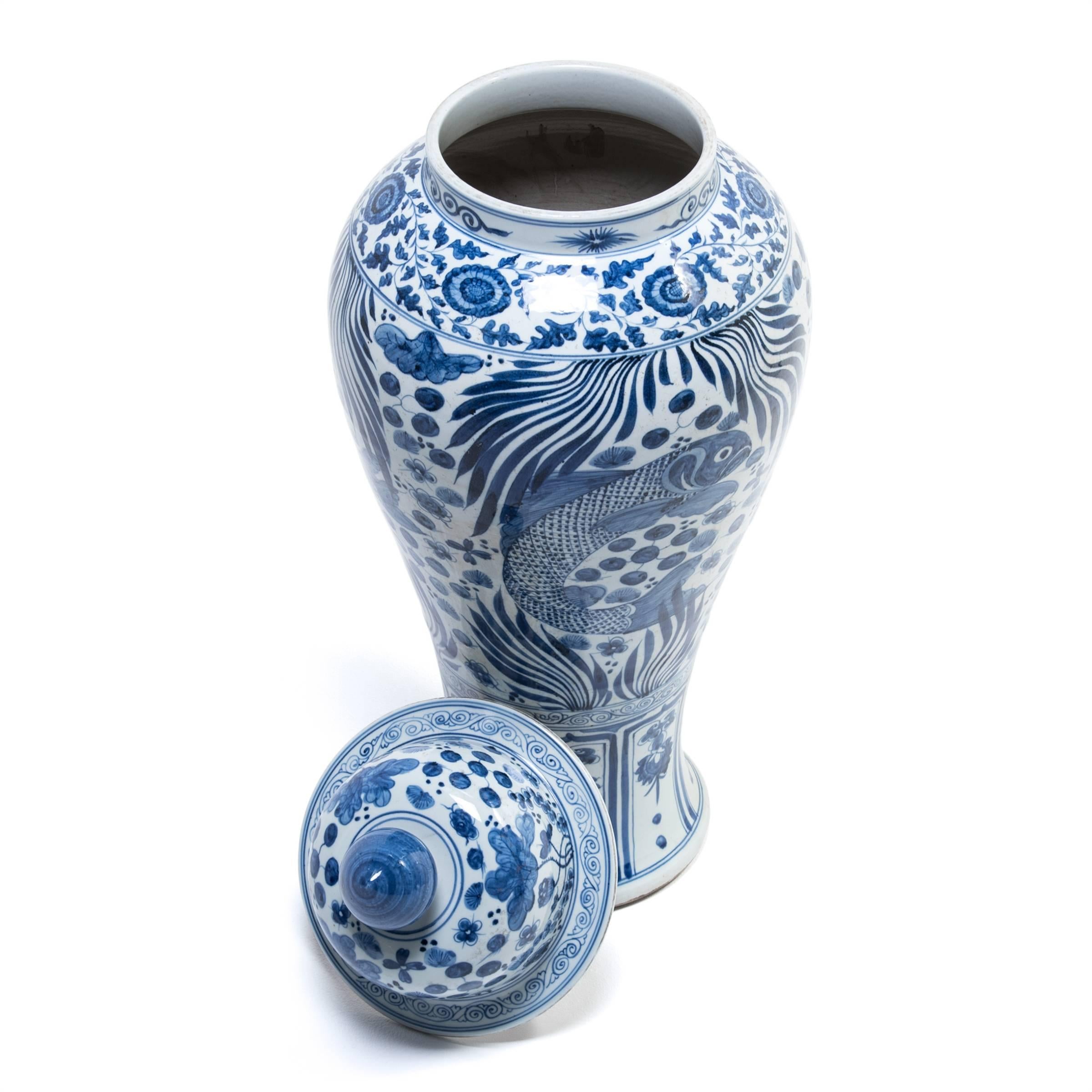 Chinese Export Tall Chinese Blue and White Ginger Jar with Fish and Fronds
