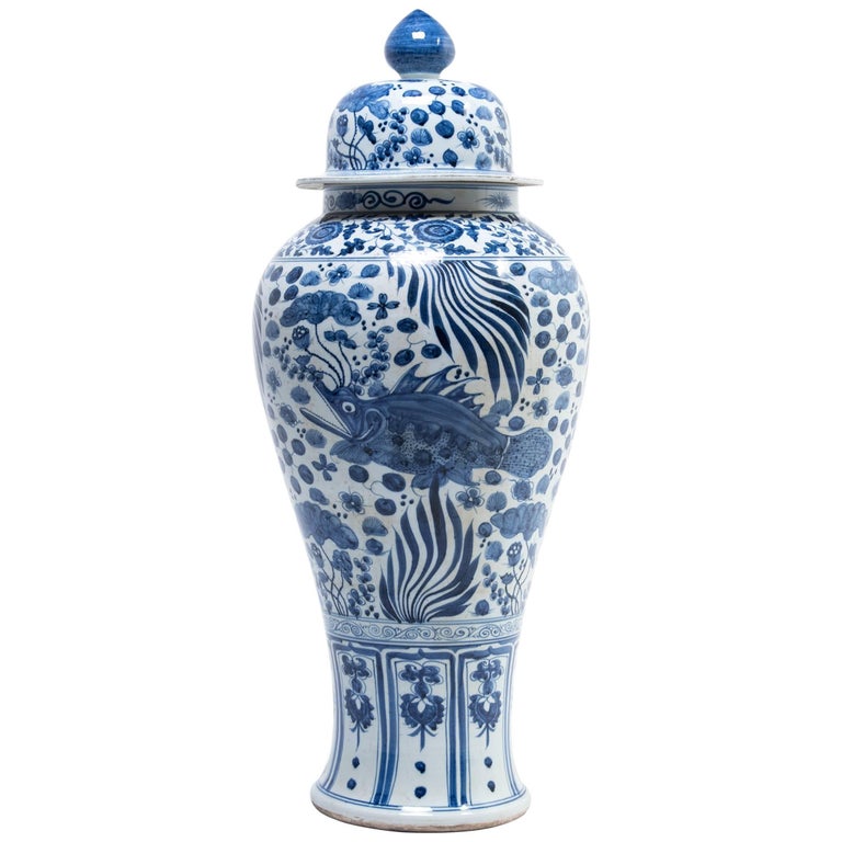 Chinese Blue and White Ginger Jar with Fish and Fronds For Sale