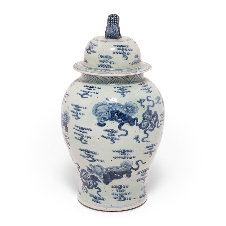 Glazed Chinese Blue and White Ginger Jar with Fu Dogs For Sale