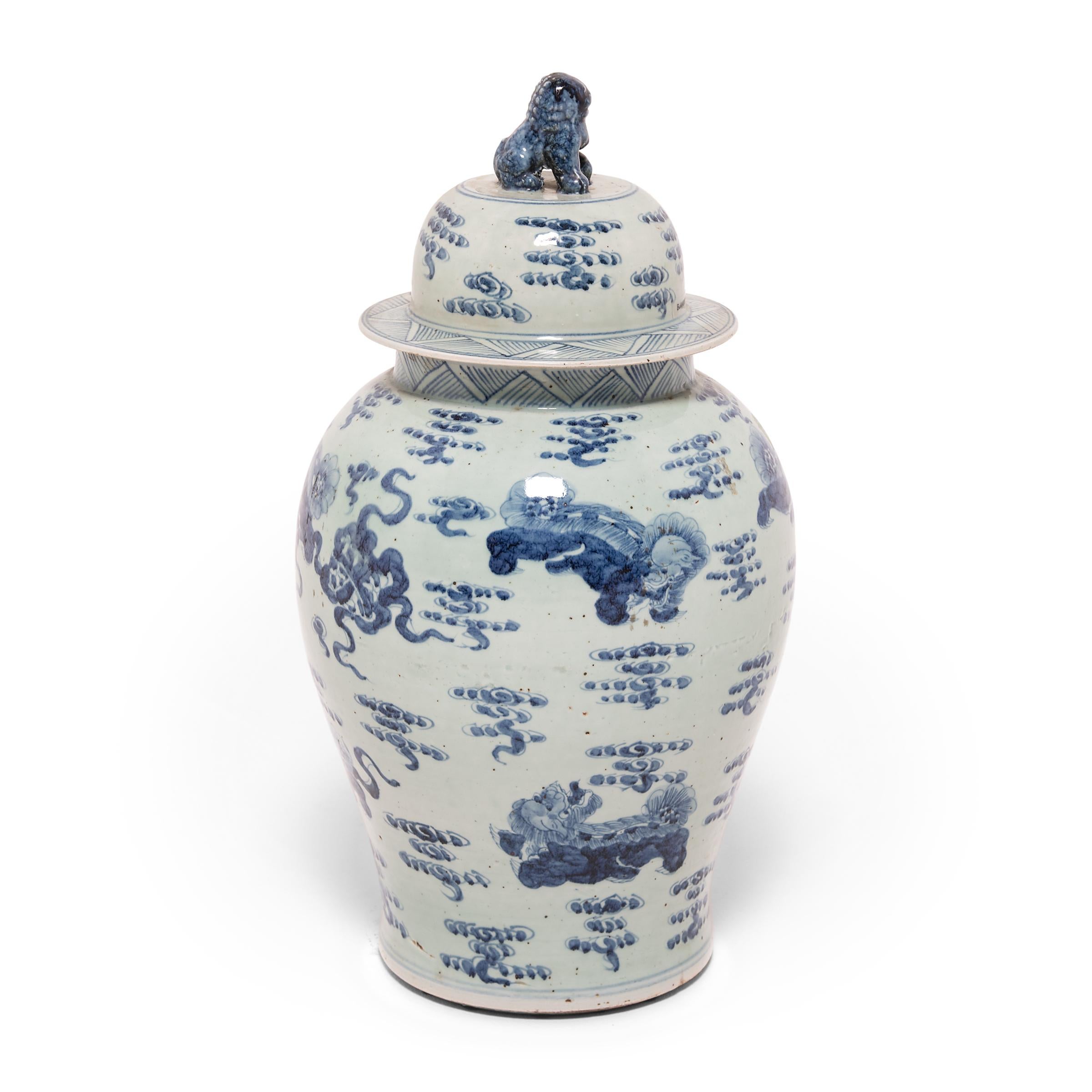 Glazed Large Chinese Blue and White Baluster Jar with Shizi For Sale