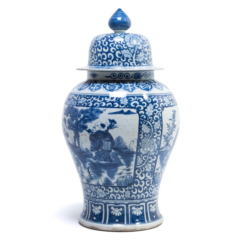 Glazed Chinese Blue and White Ginger Jar with Landscape Portraits For Sale
