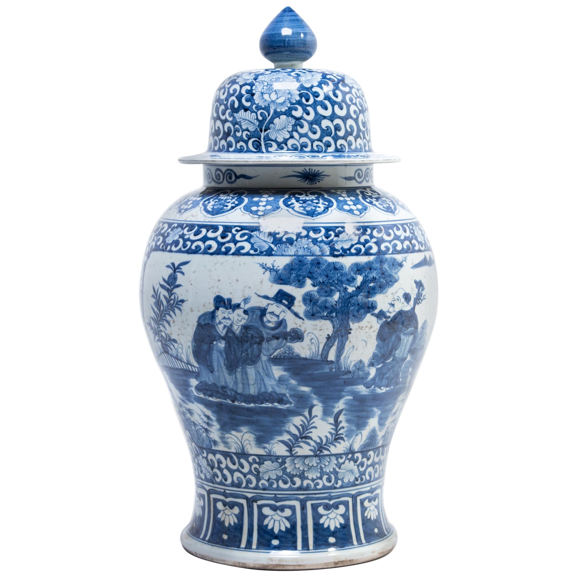 Chinese Blue and White Ginger Jar with Landscape Portraits