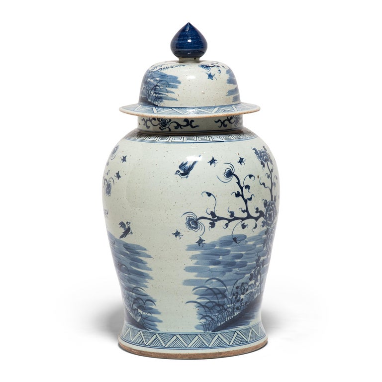 Glazed Chinese Blue and White Ginger Jar with Phoenix and Peonies For Sale
