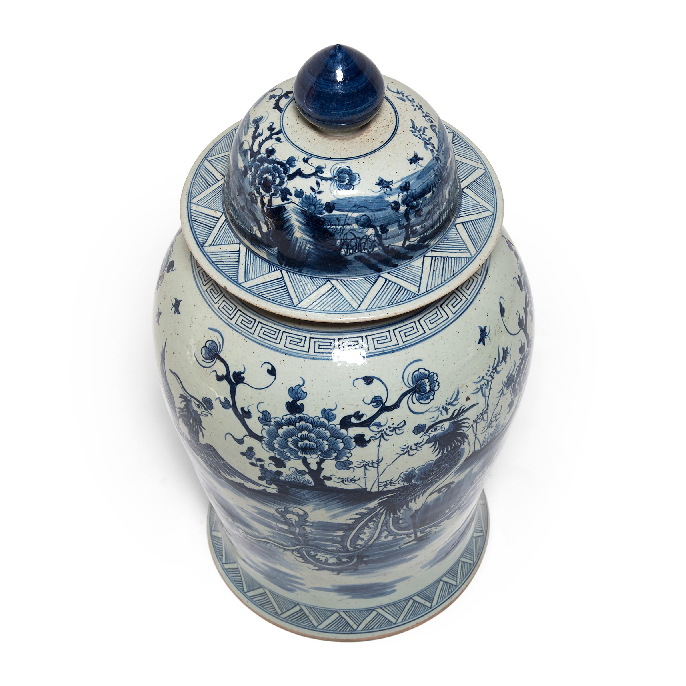 Glazed Chinese Blue and White Ginger Jar with Phoenix and Peonies