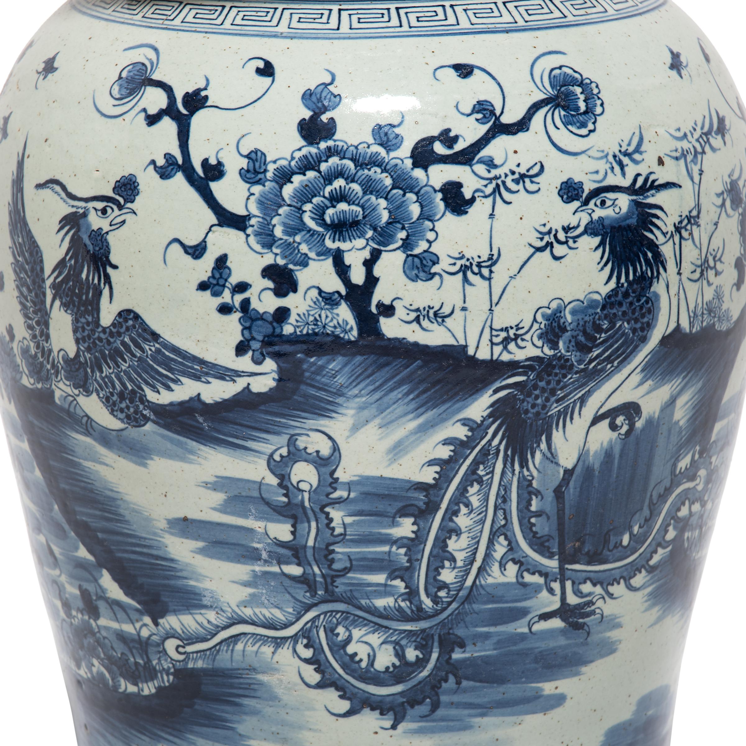 Chinese Blue and White Ginger Jar with Phoenix and Peonies In Good Condition In Chicago, IL
