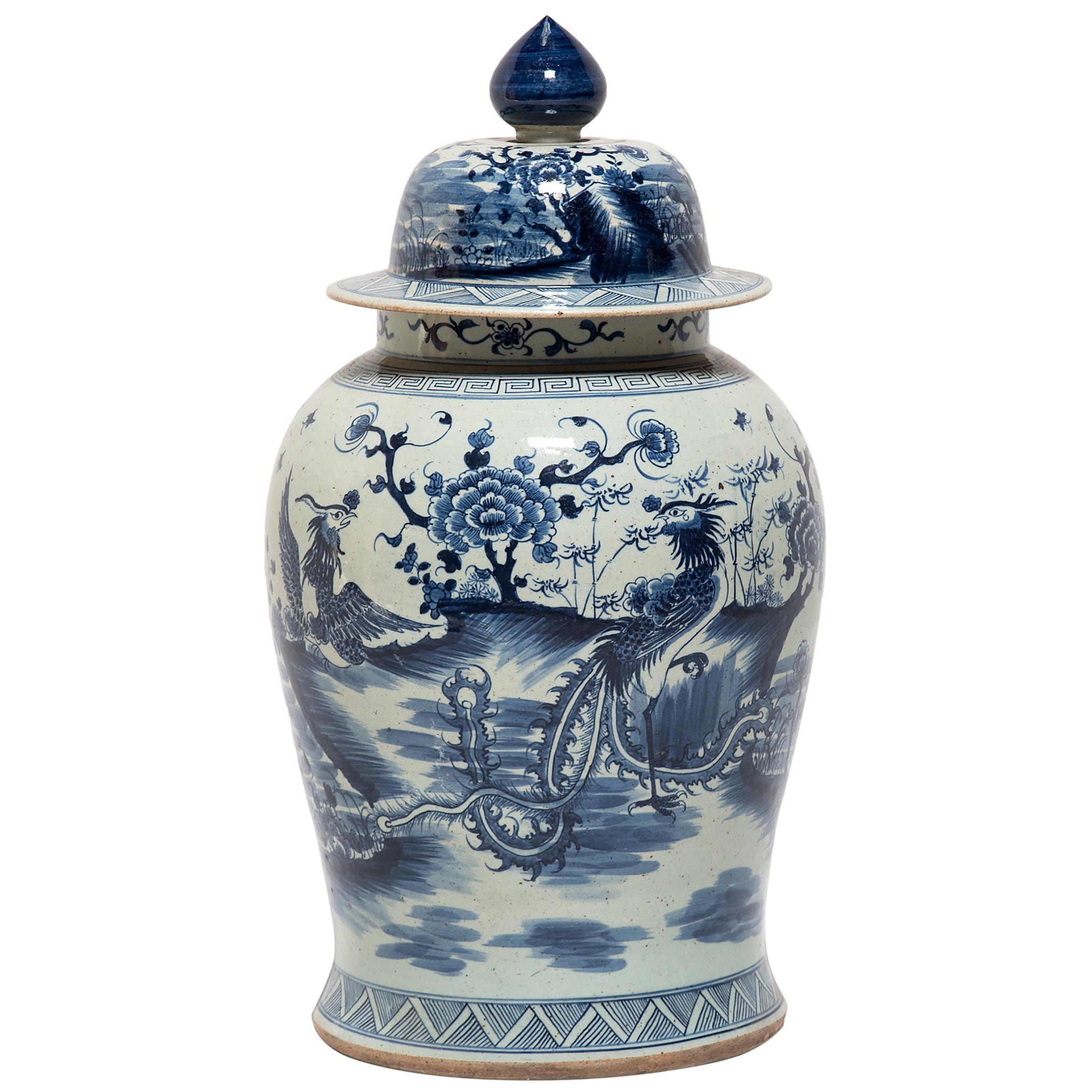 Chinese Blue and White Ginger Jar with Phoenix and Peonies