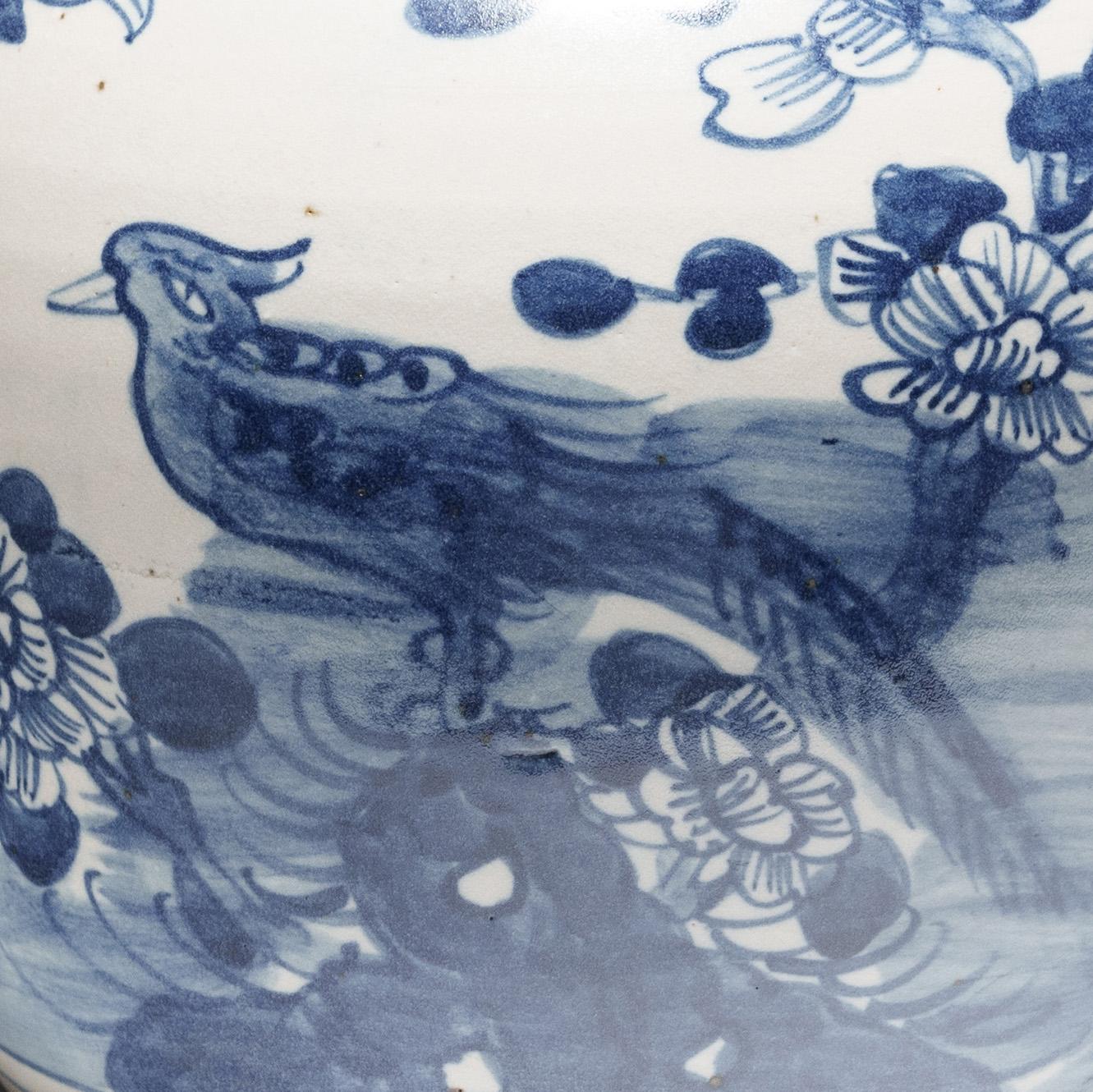 Chinese Export Chinese Blue and White Jar with Birds and Flowers For Sale