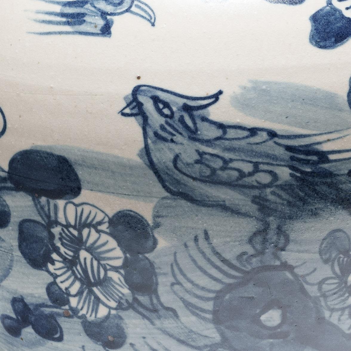 Glazed Chinese Blue and White Jar with Birds and Flowers For Sale