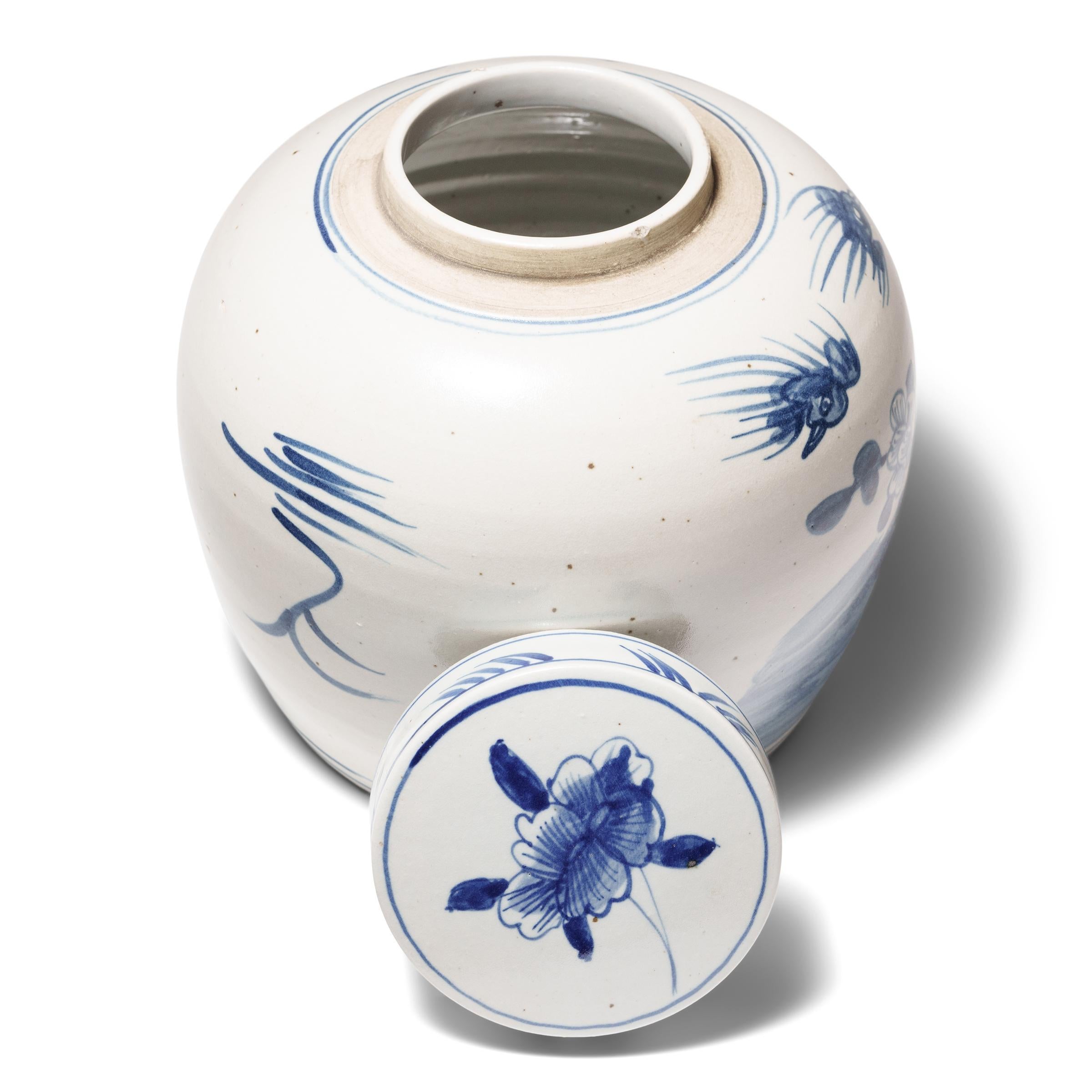 Glazed Chinese Blue and White Jar with Birds and Flowers For Sale