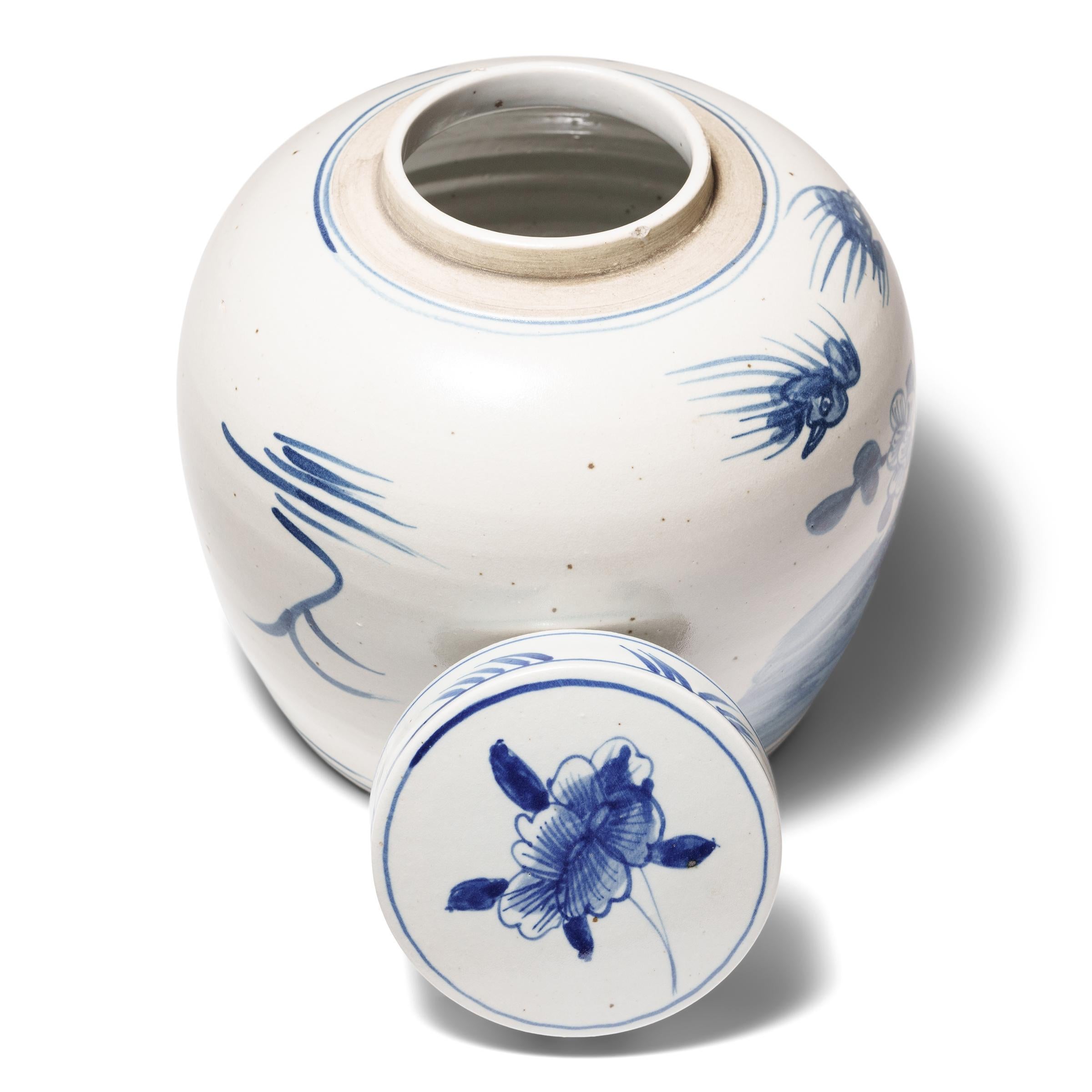 Glazed Chinese Blue and White Jar with Birds and Flowers