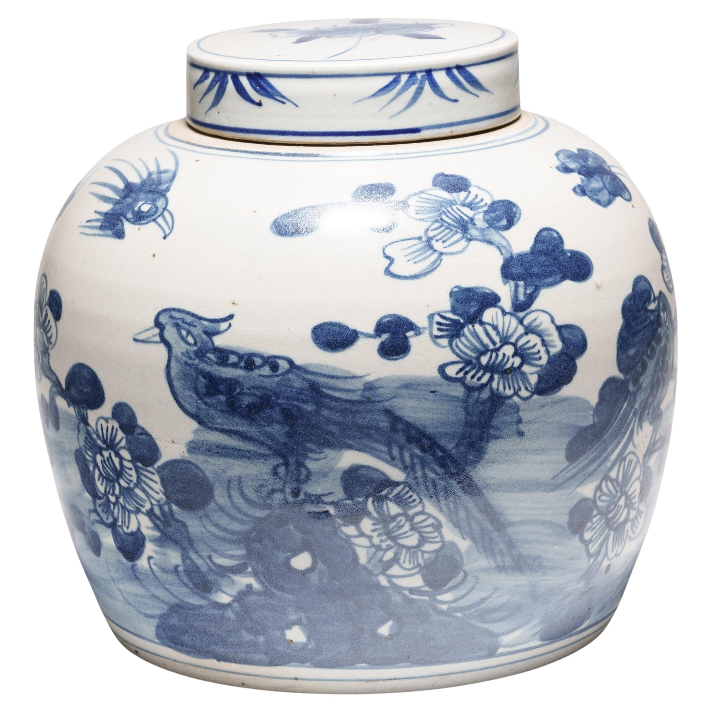 Chinese Blue and White Jar with Birds and Flowers For Sale