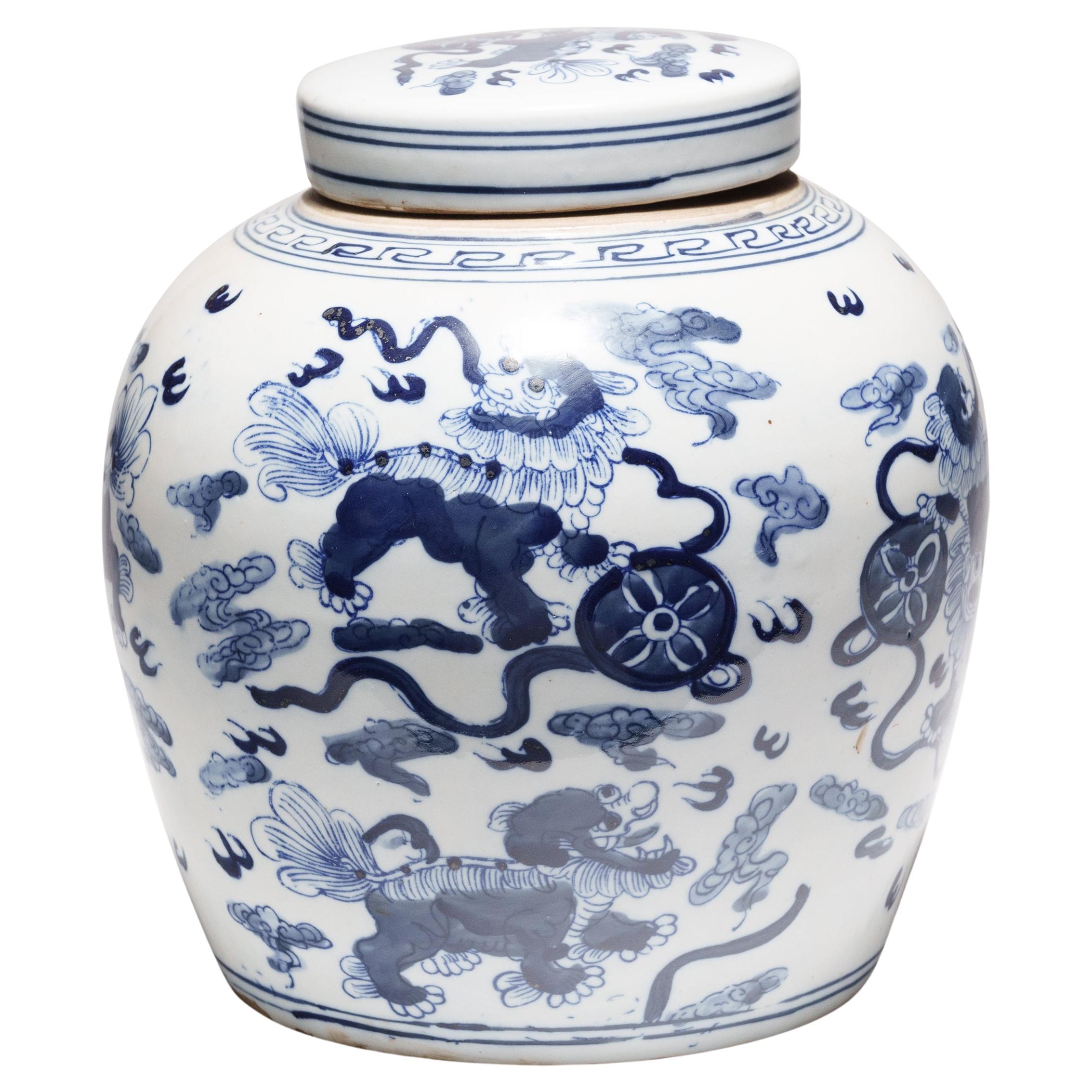 Chinese Blue and White Jar with Mythical Fu Lions For Sale