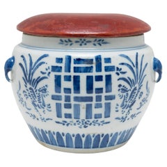 Antique Chinese Blue and White Jar with Red Wood Lid