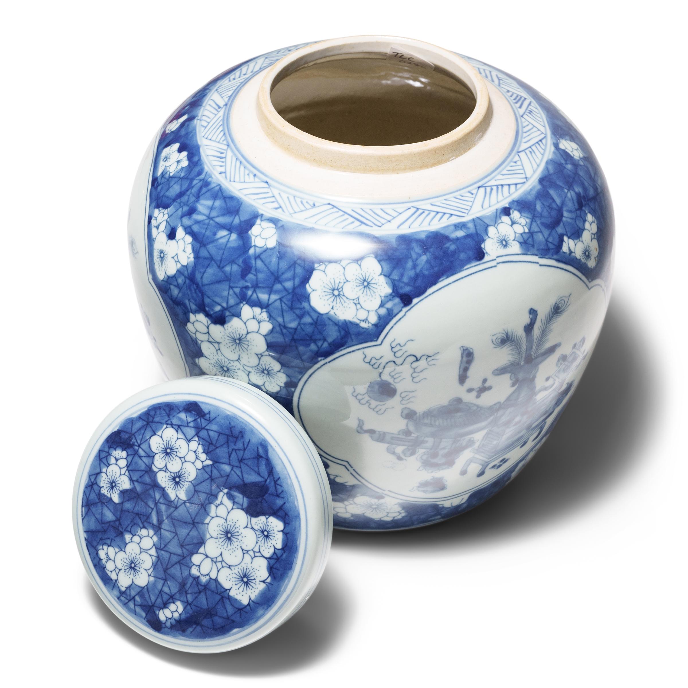 Glazed Chinese Blue and White Jar with Scholars' Objects For Sale